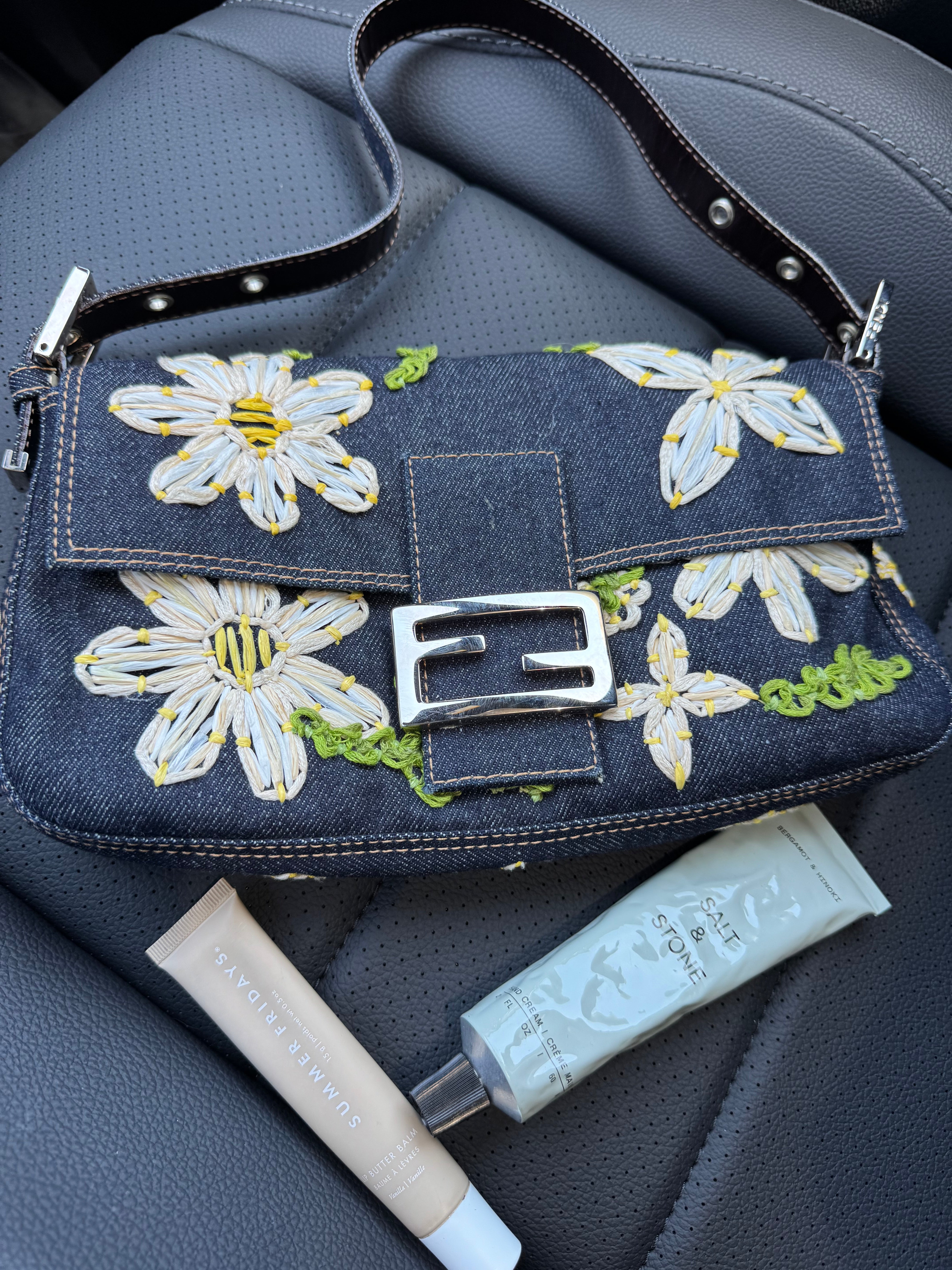 Fendi Denim Daisy Baguette Handbag