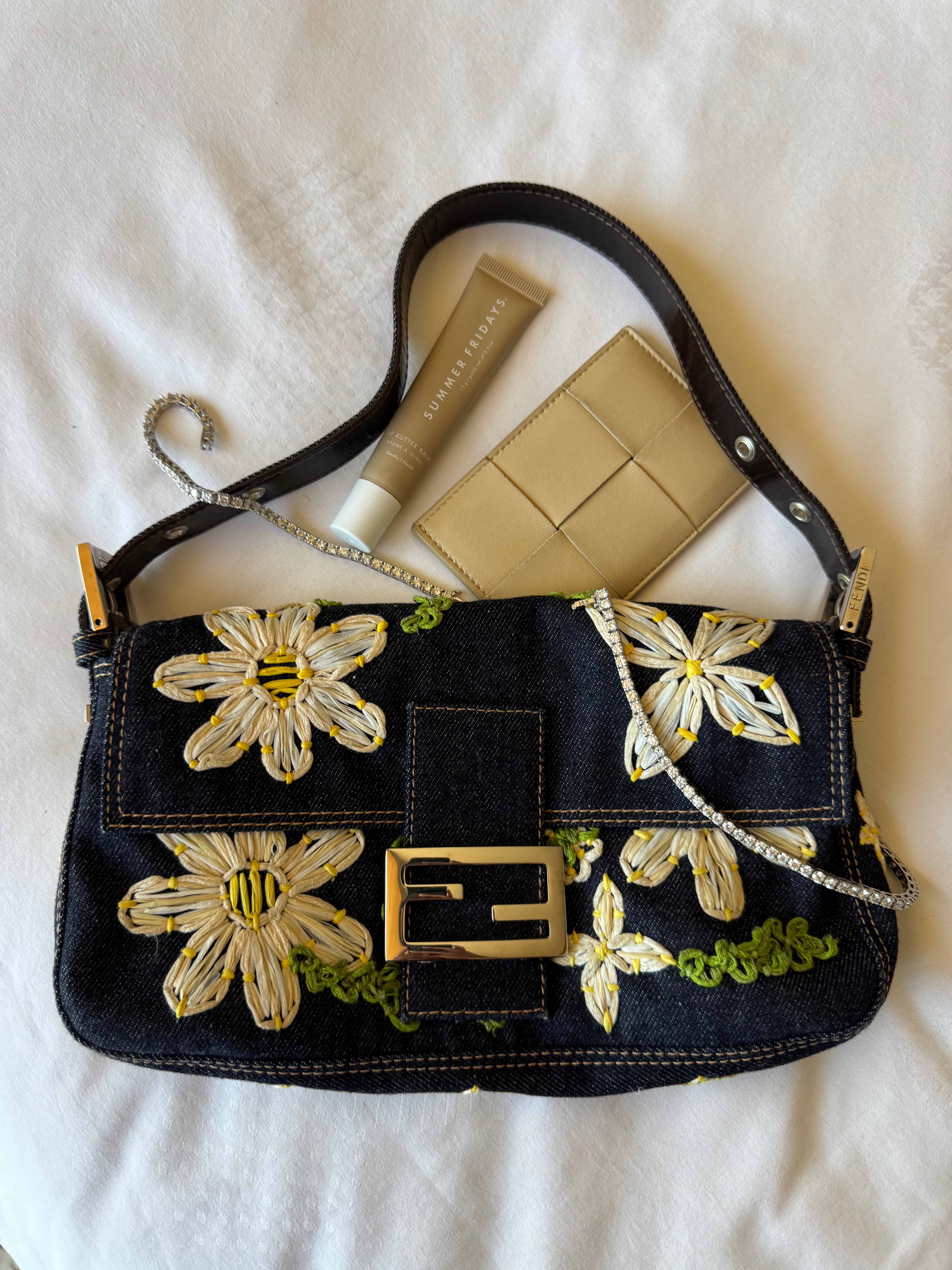 Fendi Denim Daisy Baguette Handbag