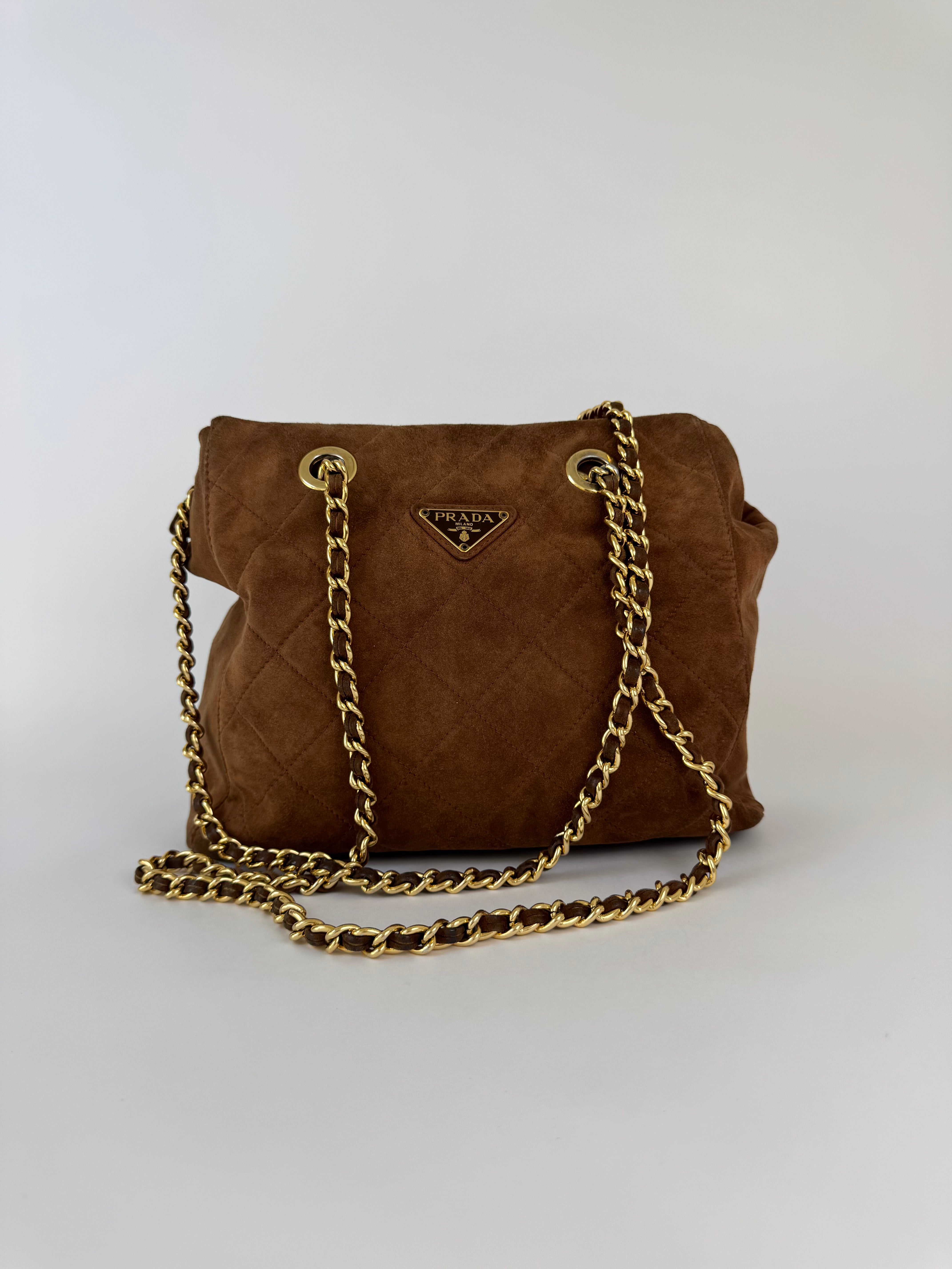 Prada Brown Suede Chain Link Shoulder Bag