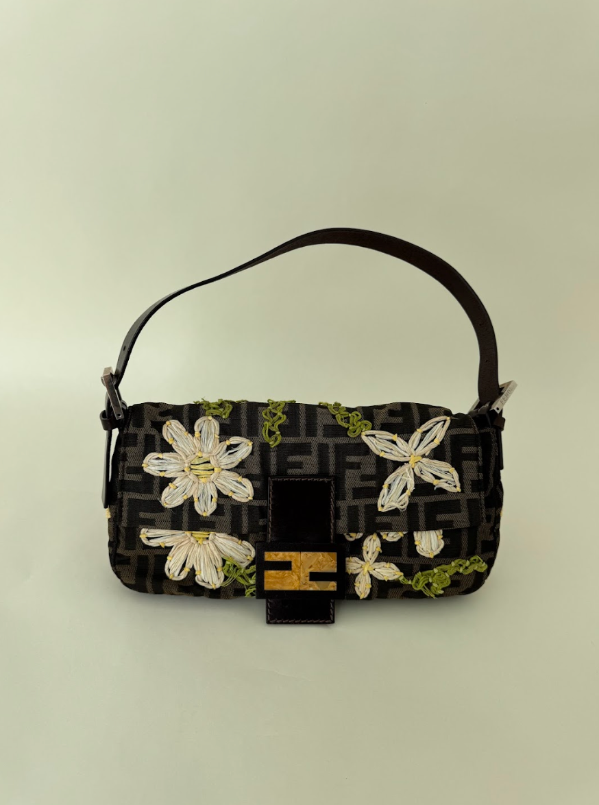Fendi Zucca Straw Floral Baguette