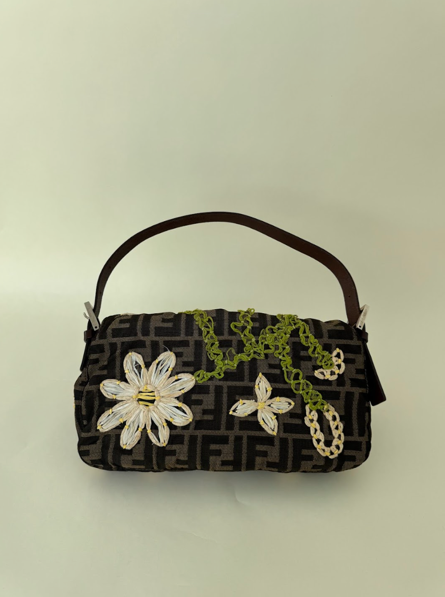 Fendi Zucca Straw Floral Baguette