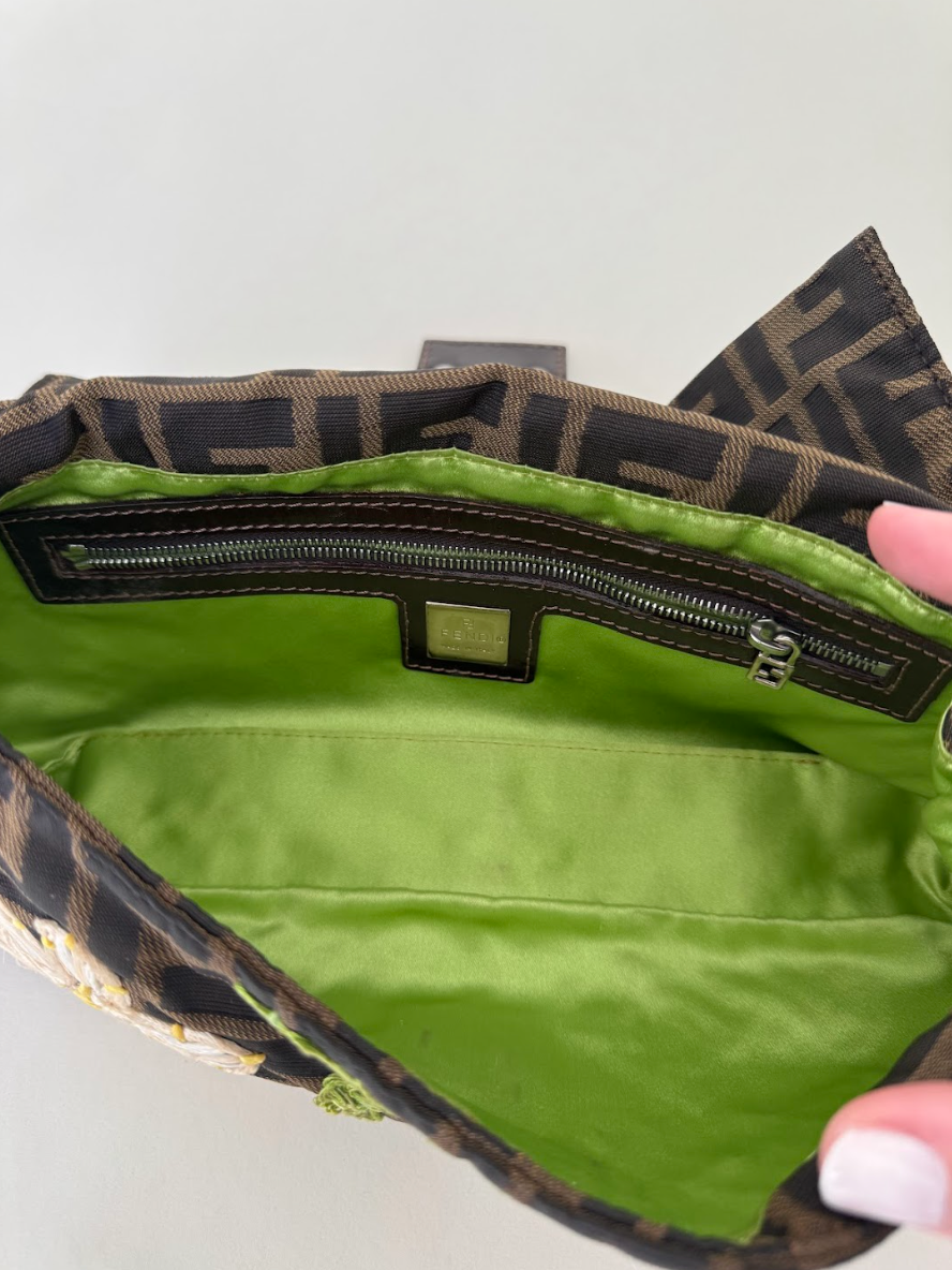 Fendi Zucca Straw Floral Baguette