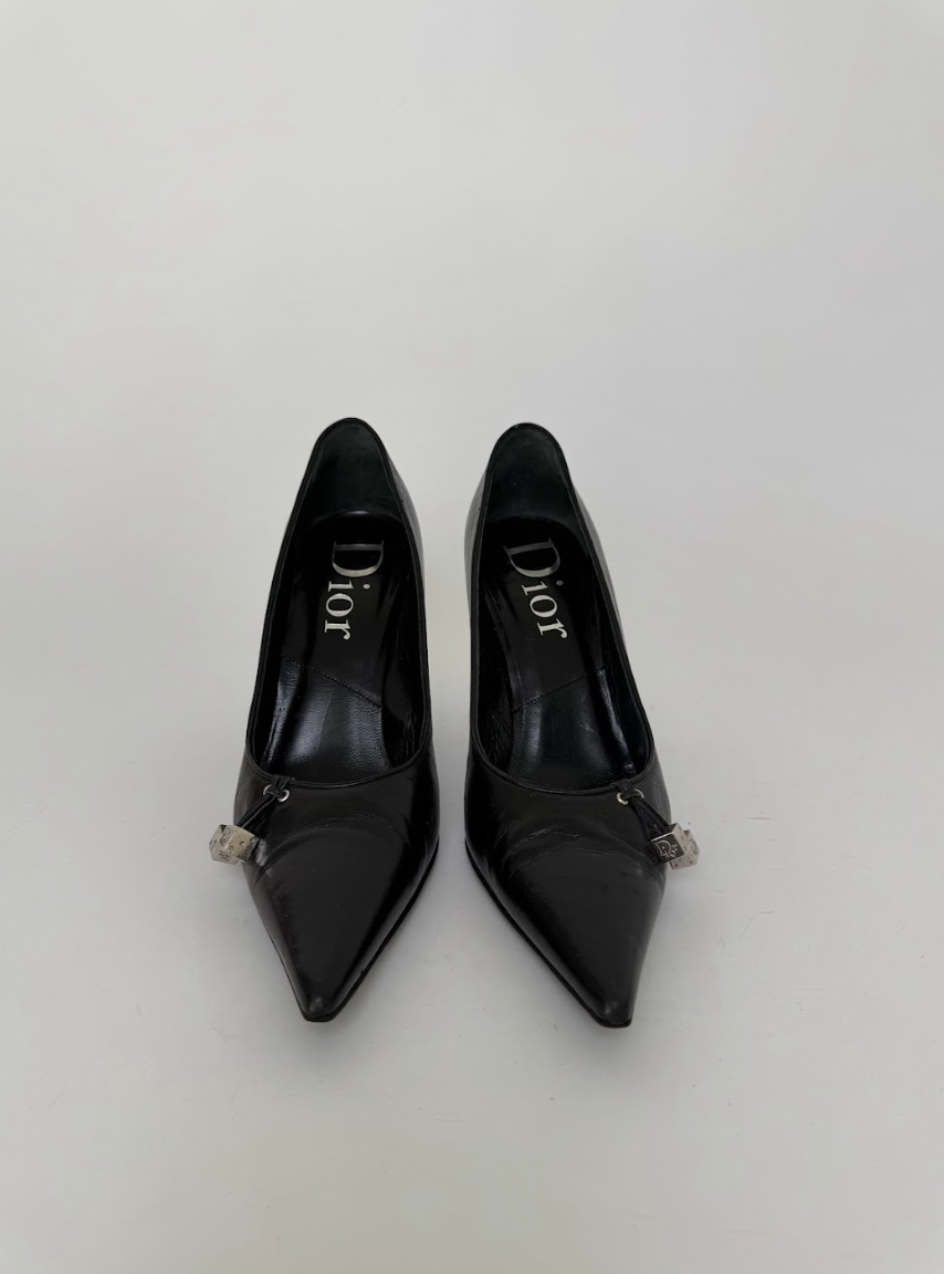 靴 Vintage Dior Leather Pumps 36 1/2 Dior Pump Bone Leather Whip Stitch Design Leather Bow Tie