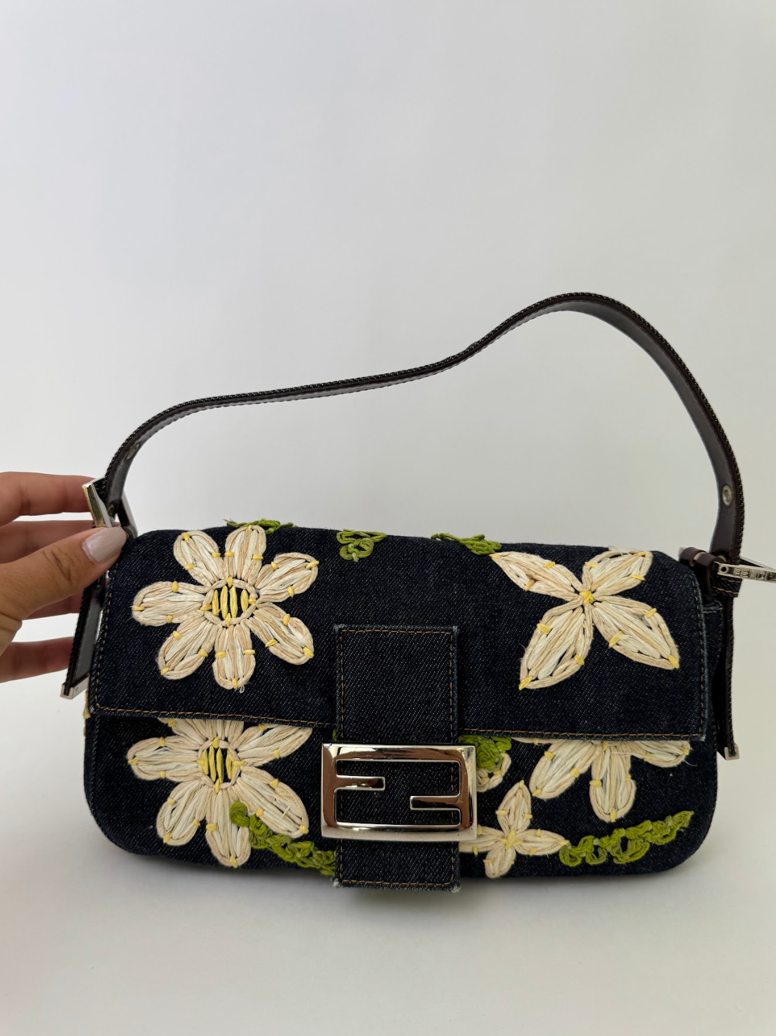 Fendi Denim Daisy Baguette Handbag