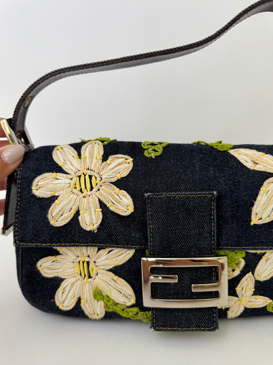Fendi Denim Daisy Baguette Handbag