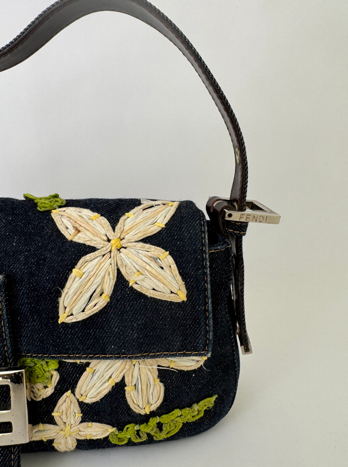Fendi Denim Daisy Baguette Handbag