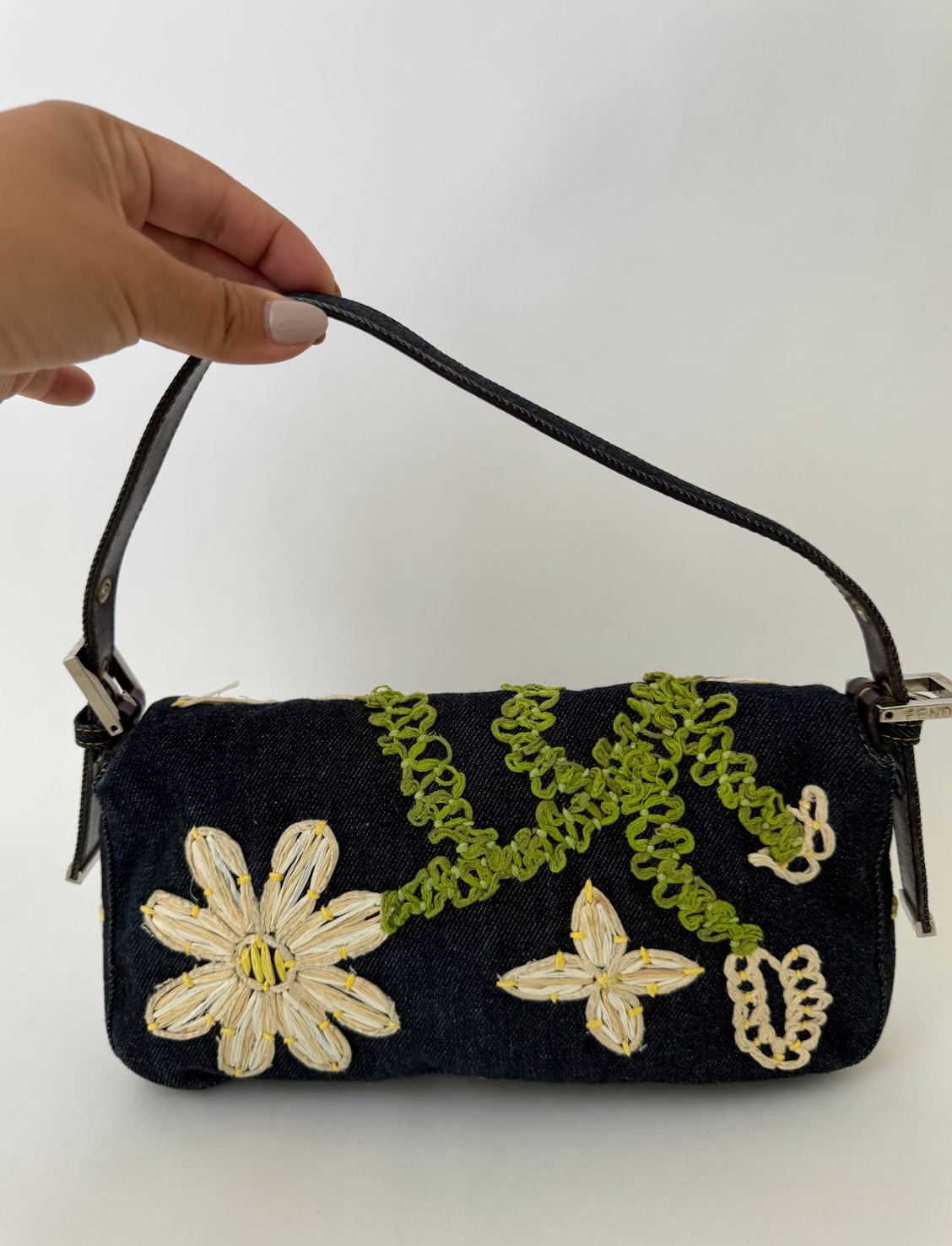 Fendi Denim Daisy Baguette Handbag