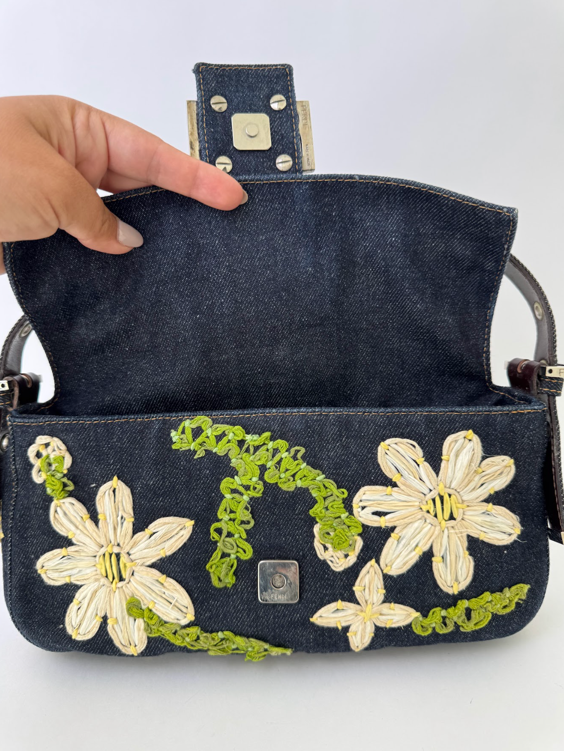 Fendi Denim Daisy Baguette Handbag