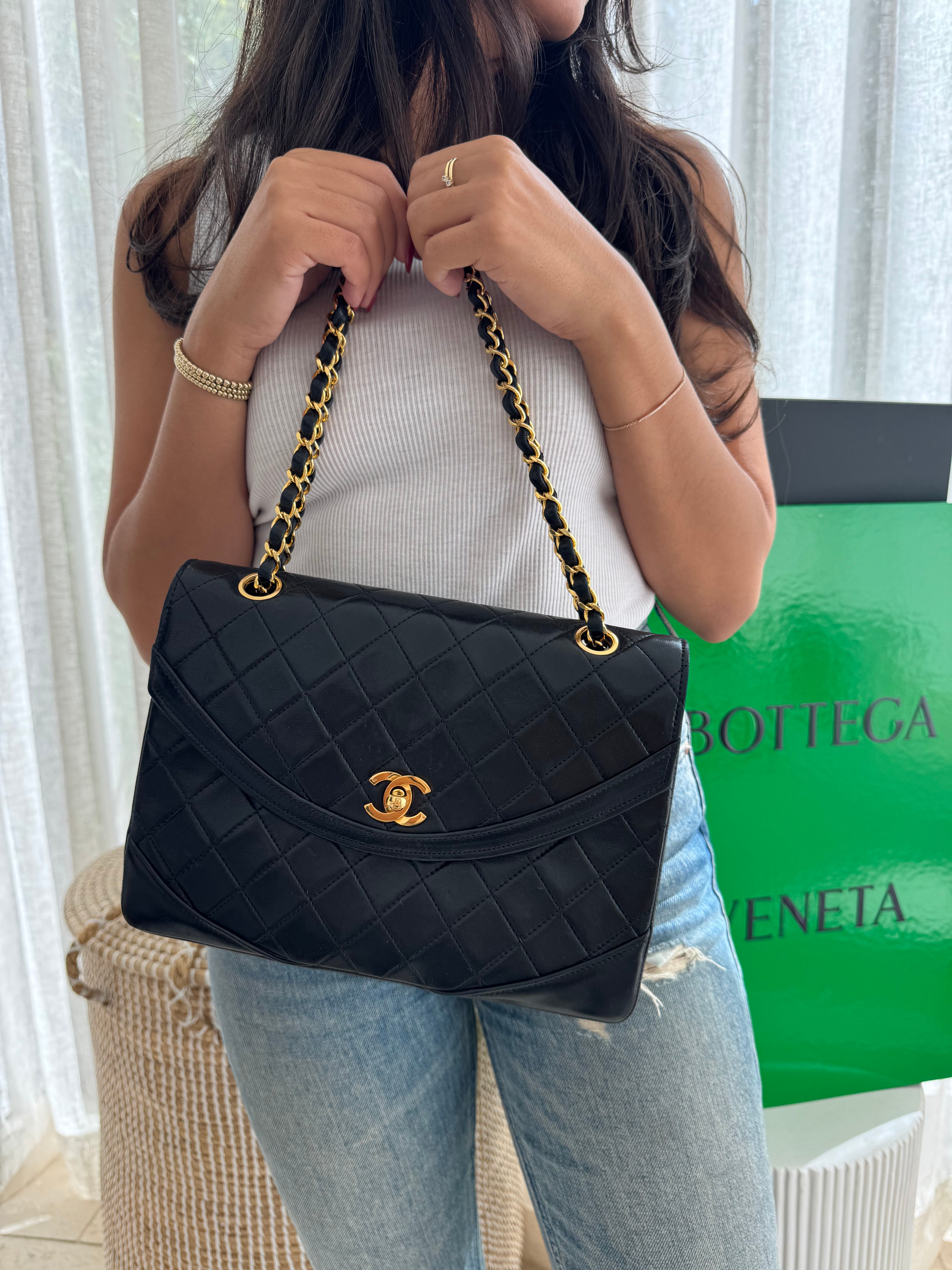 Vintage Chanel Curved Flap Bag in Black Lambskin with 24k Gold Hardware