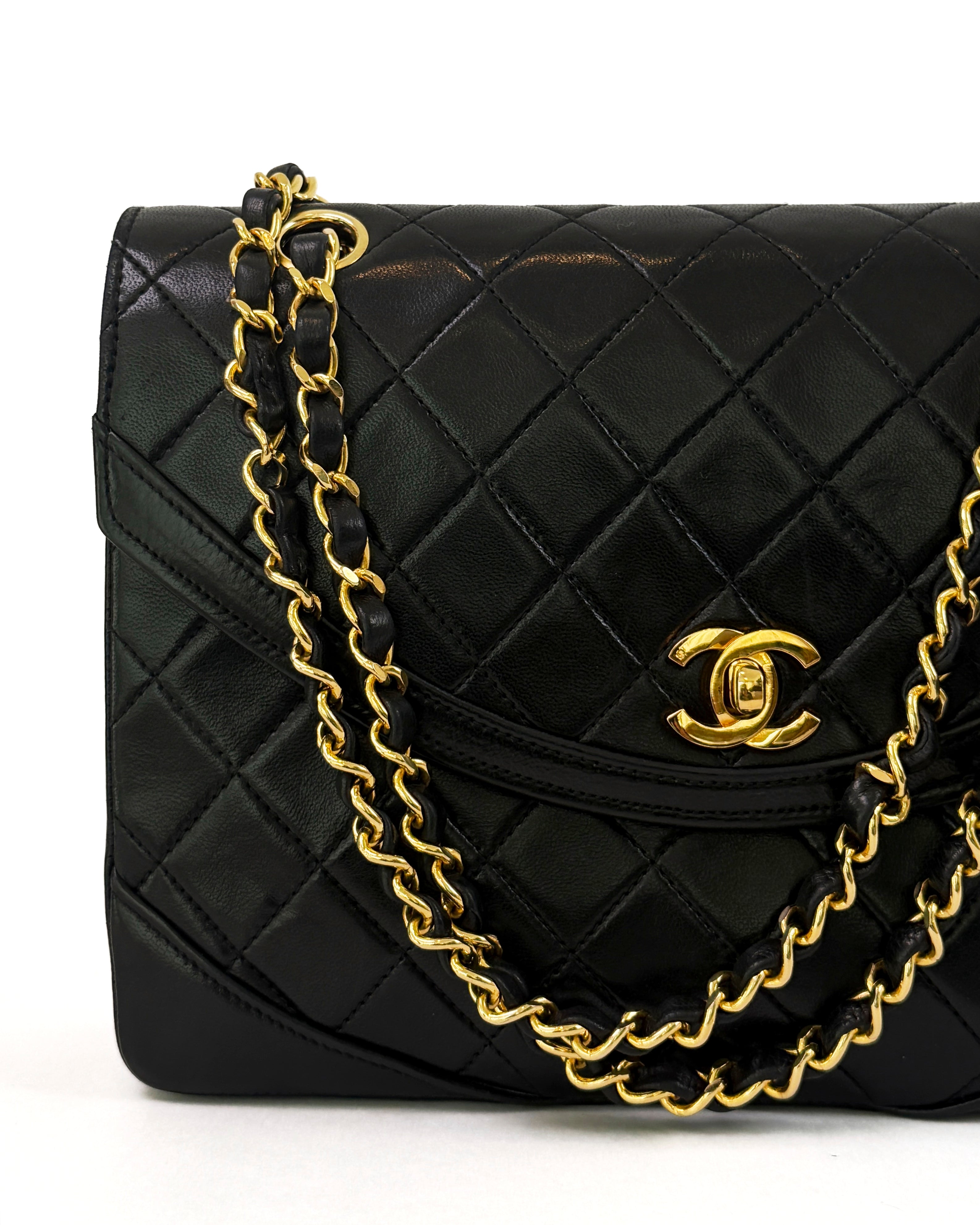 Vintage Chanel Curved Flap Bag in Black Lambskin with 24k Gold Hardware