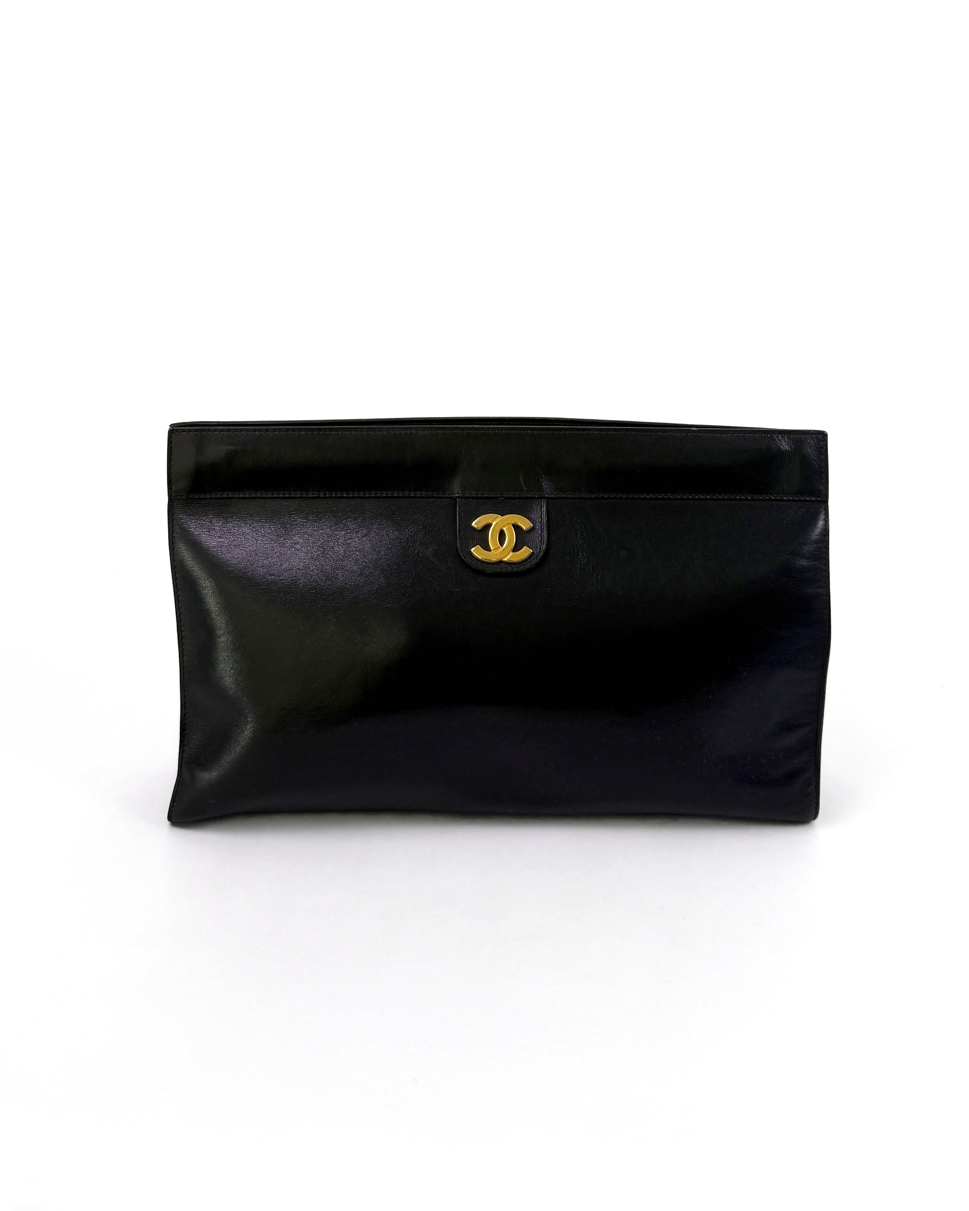 Chanel Black Leather CC Logo Clutch