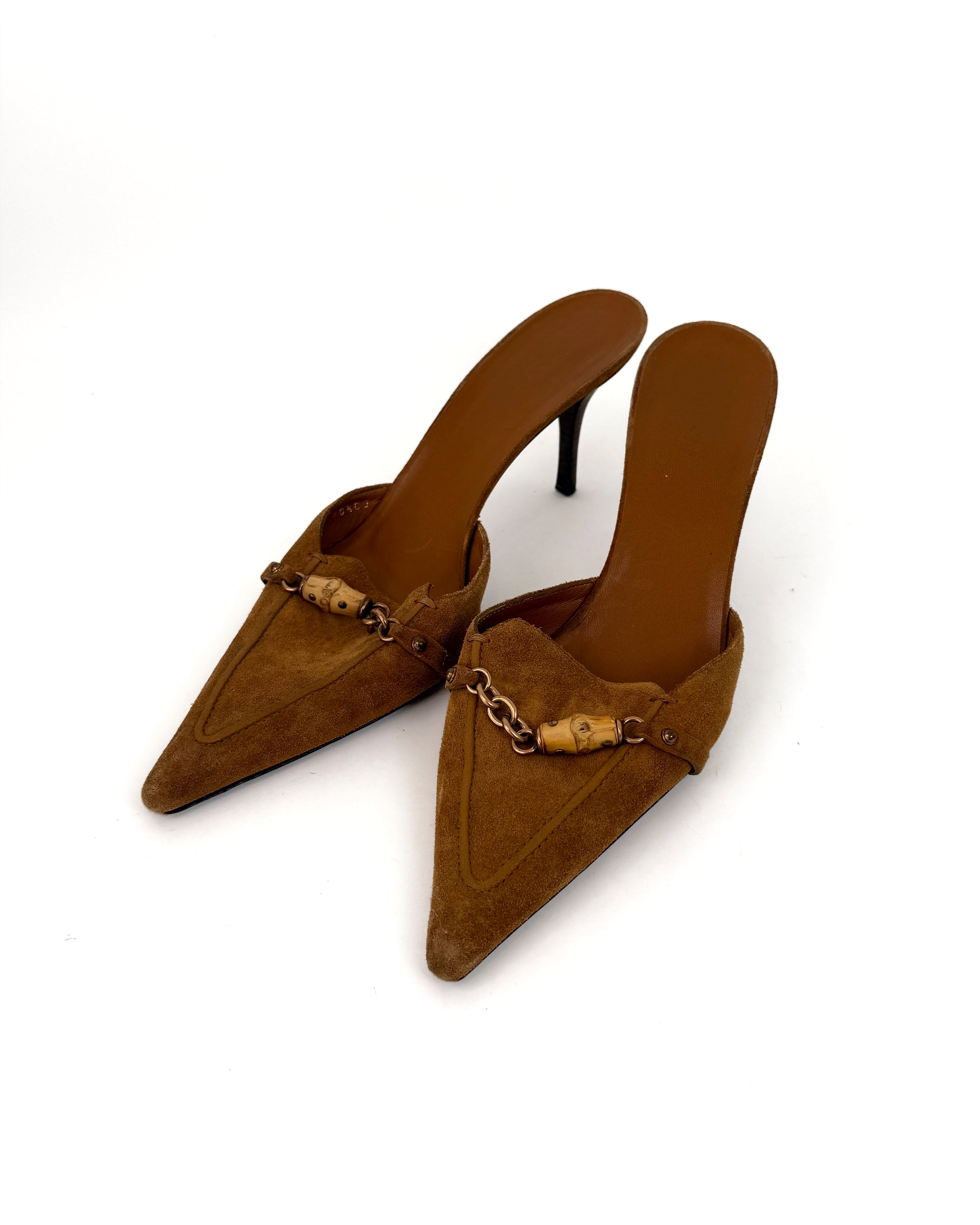 Gucci Suede Bamboo Chain Mules - 40.5