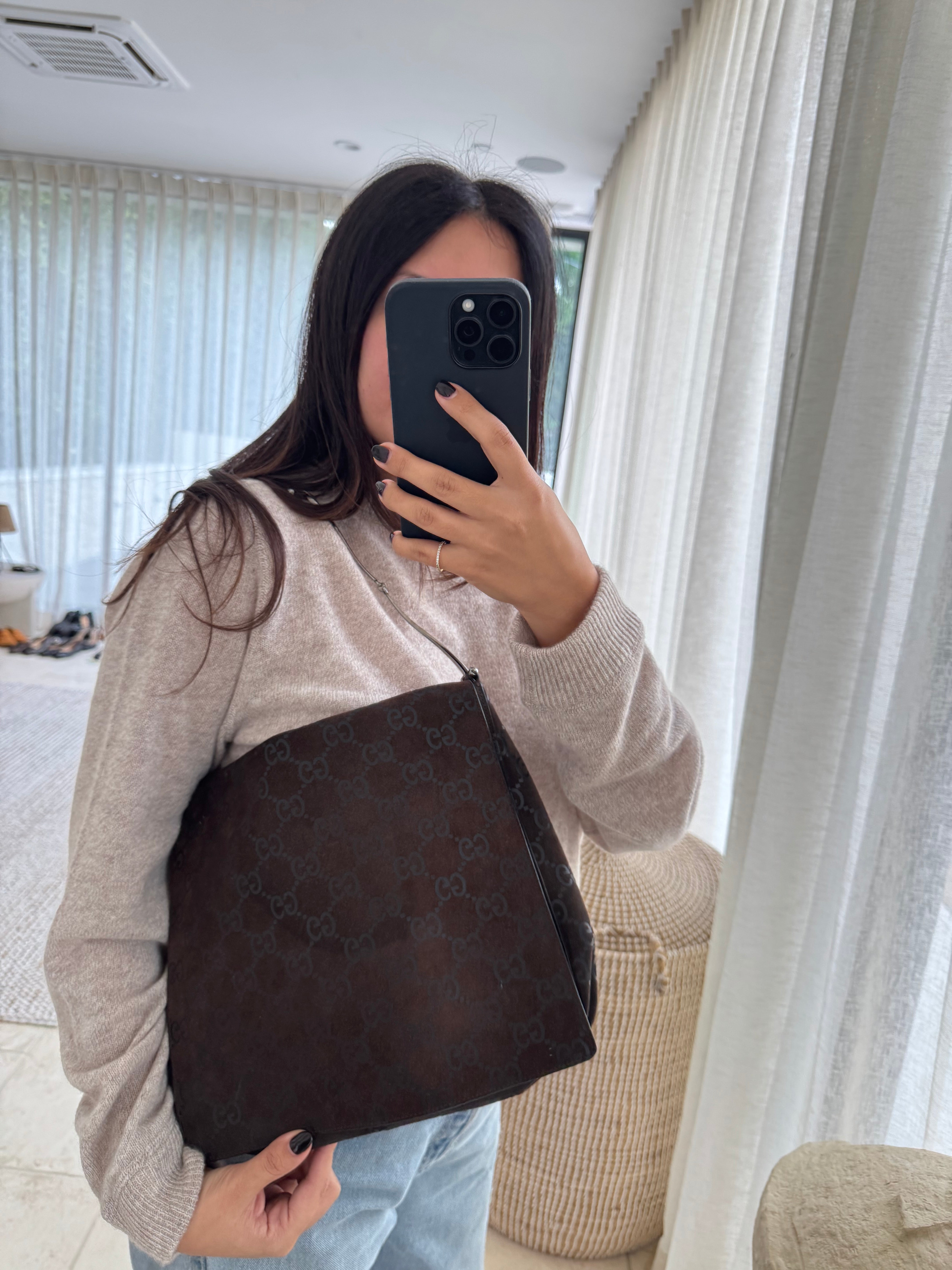 Gucci Tom Ford GG Brown Suede Flap Shoulder Bag