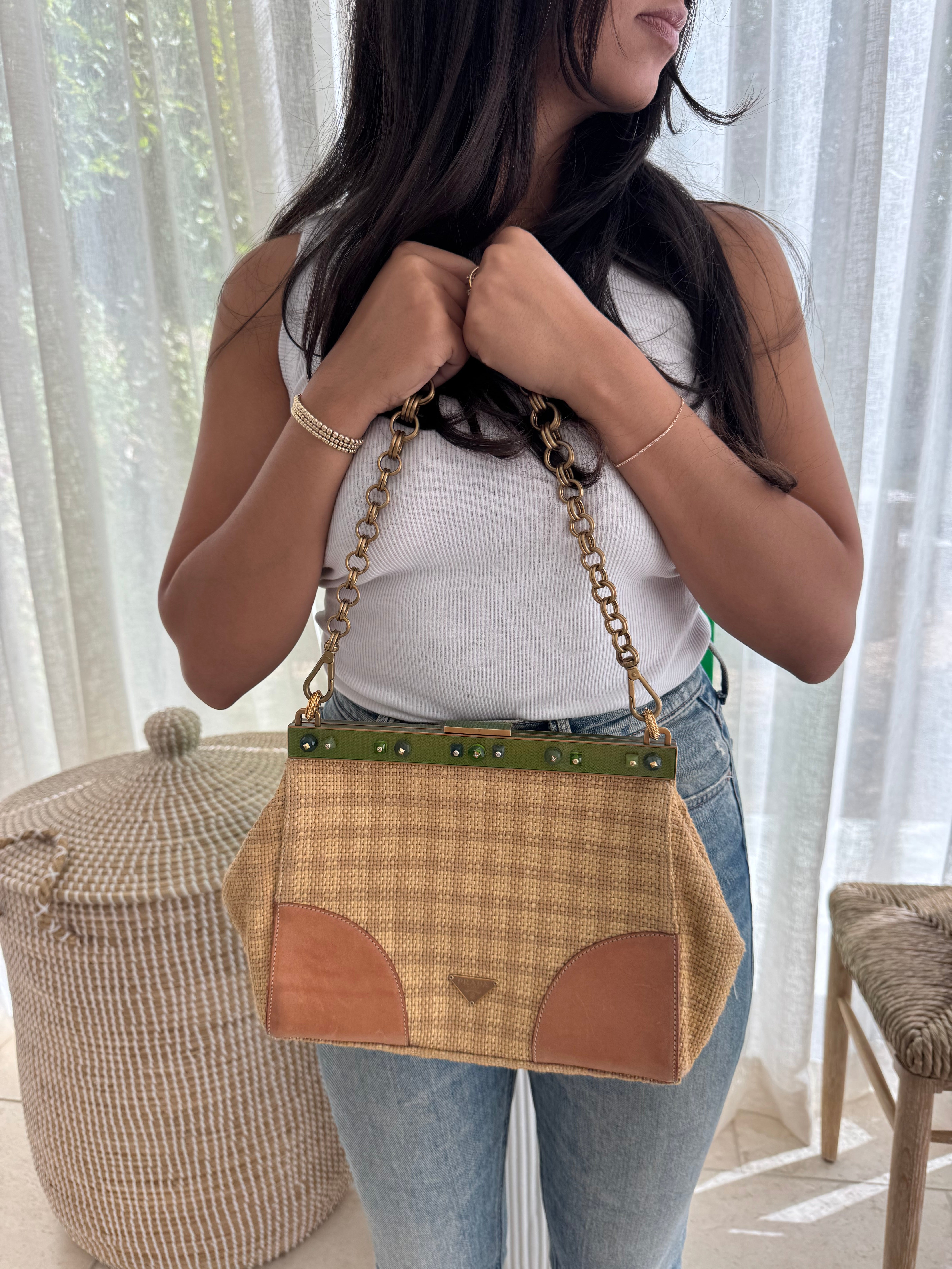 Prada Tweed Chain Link Shoulder Bag
