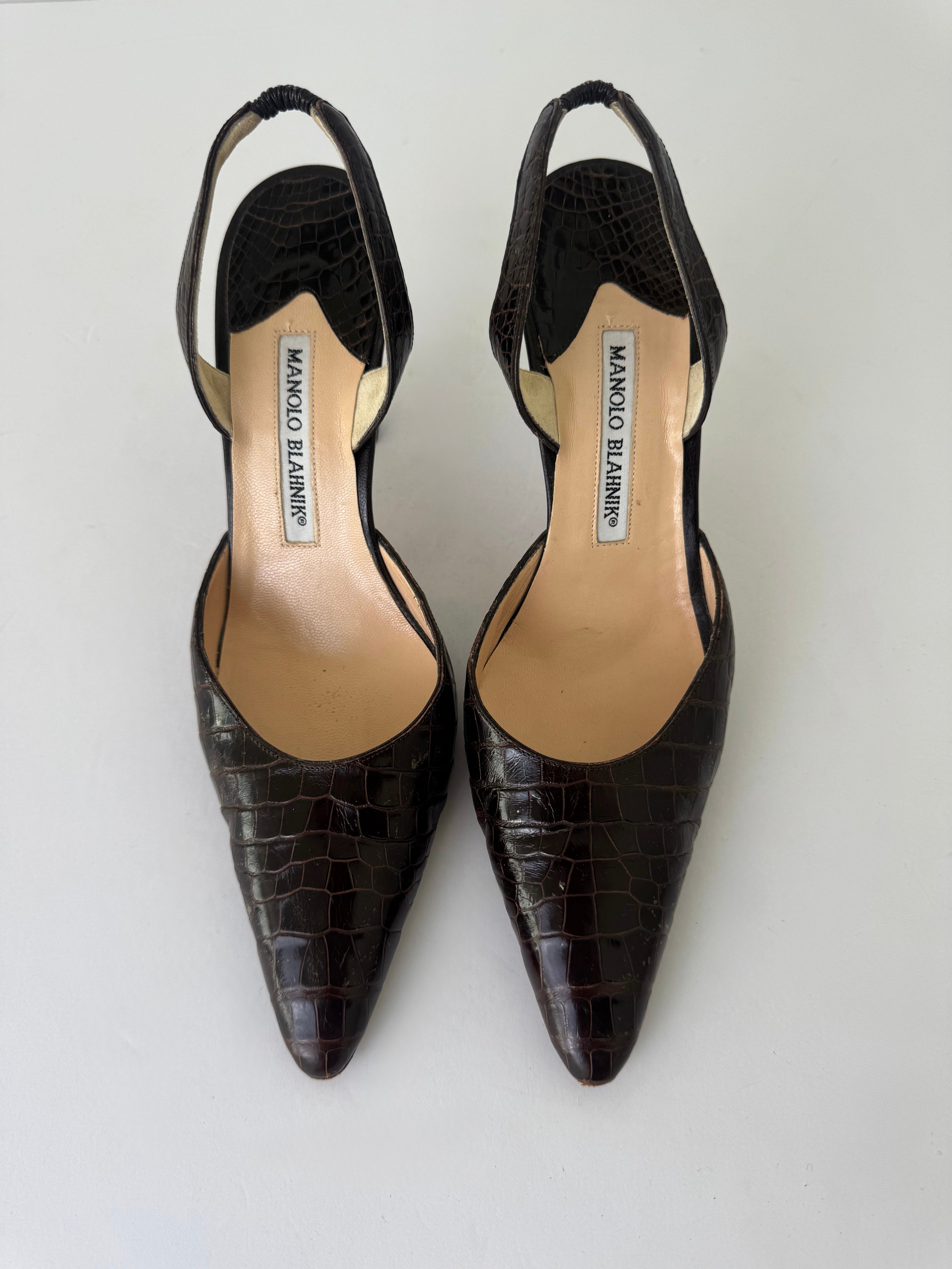 Manolo Blahnik Croc Embossed Slingbacks 37