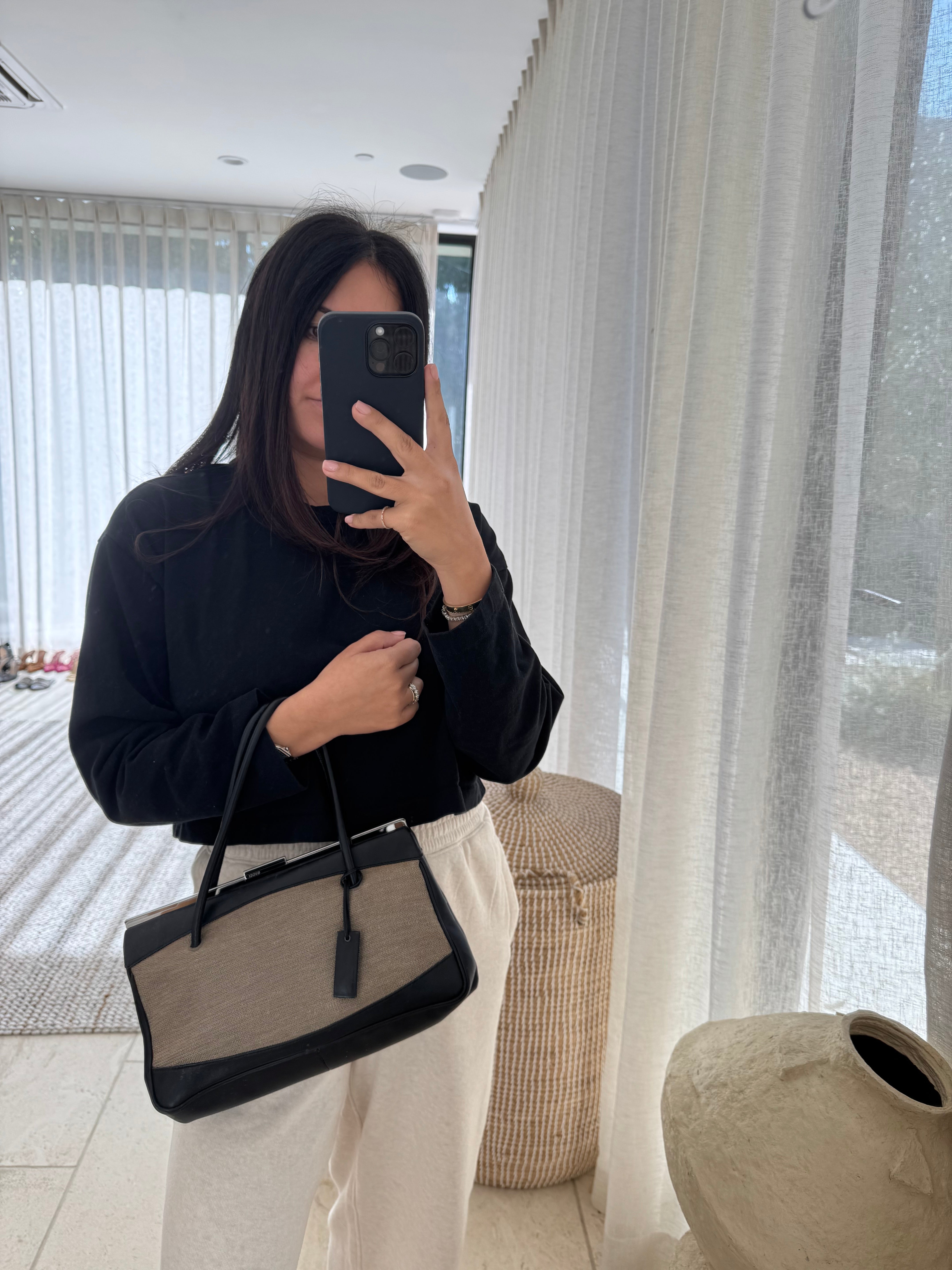 Gucci Canvas and Black Leather Handbag