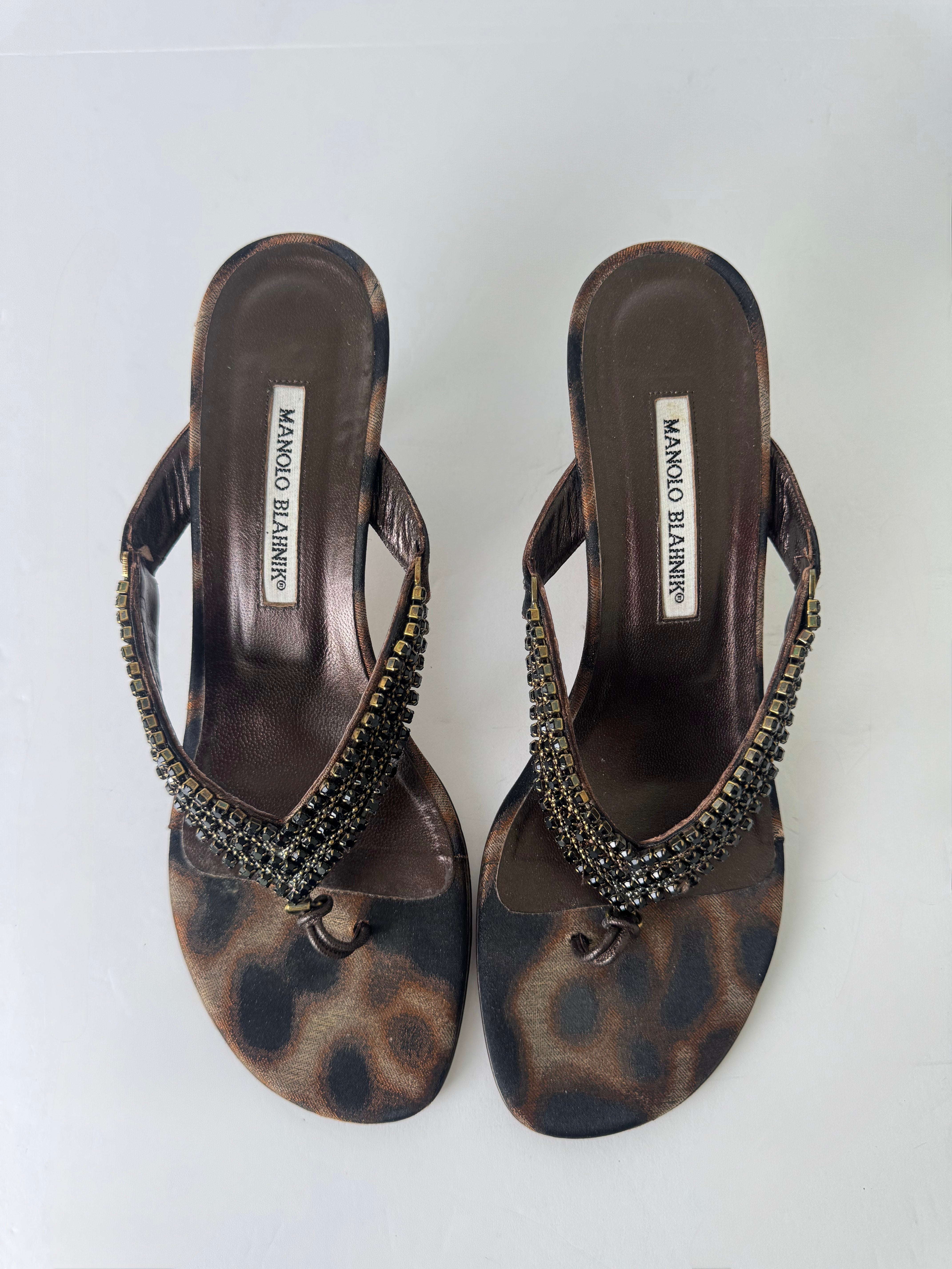 Manolo Blahnik Leopard Beaded Sandal Heels 40