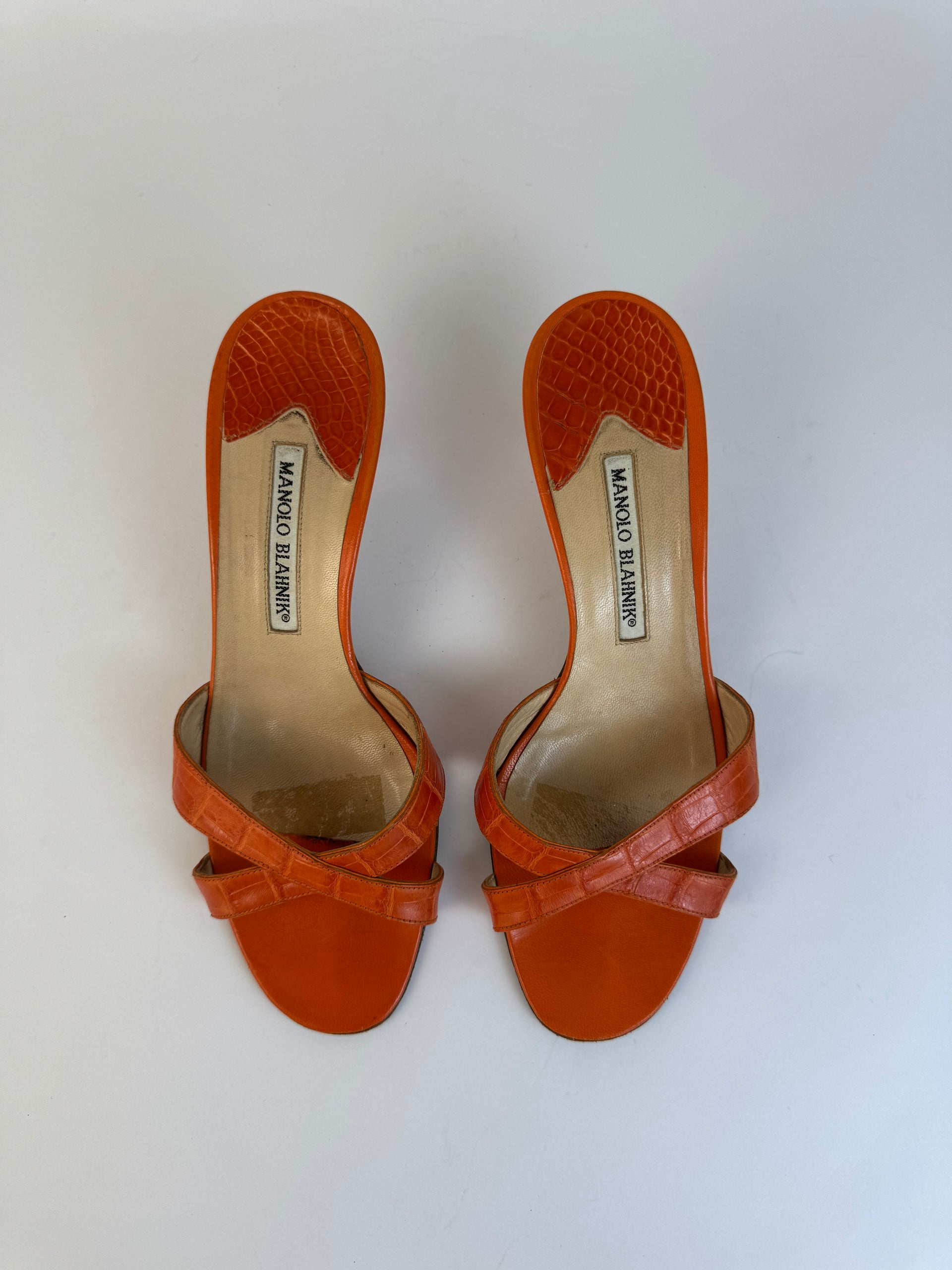 Manolo Blahnik Orange Croc Sandals 38.5