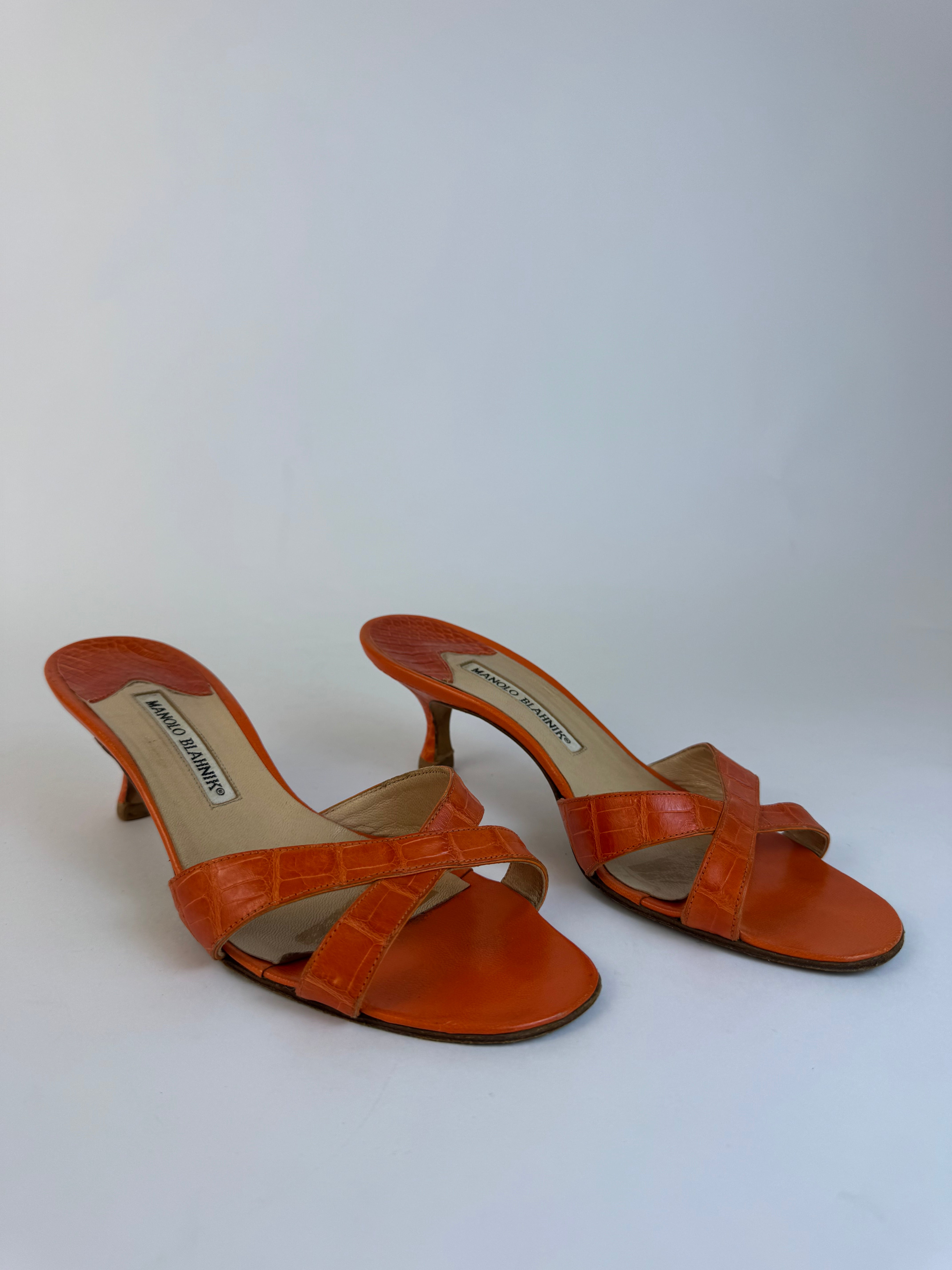 Manolo Blahnik Orange Croc Sandals 38.5