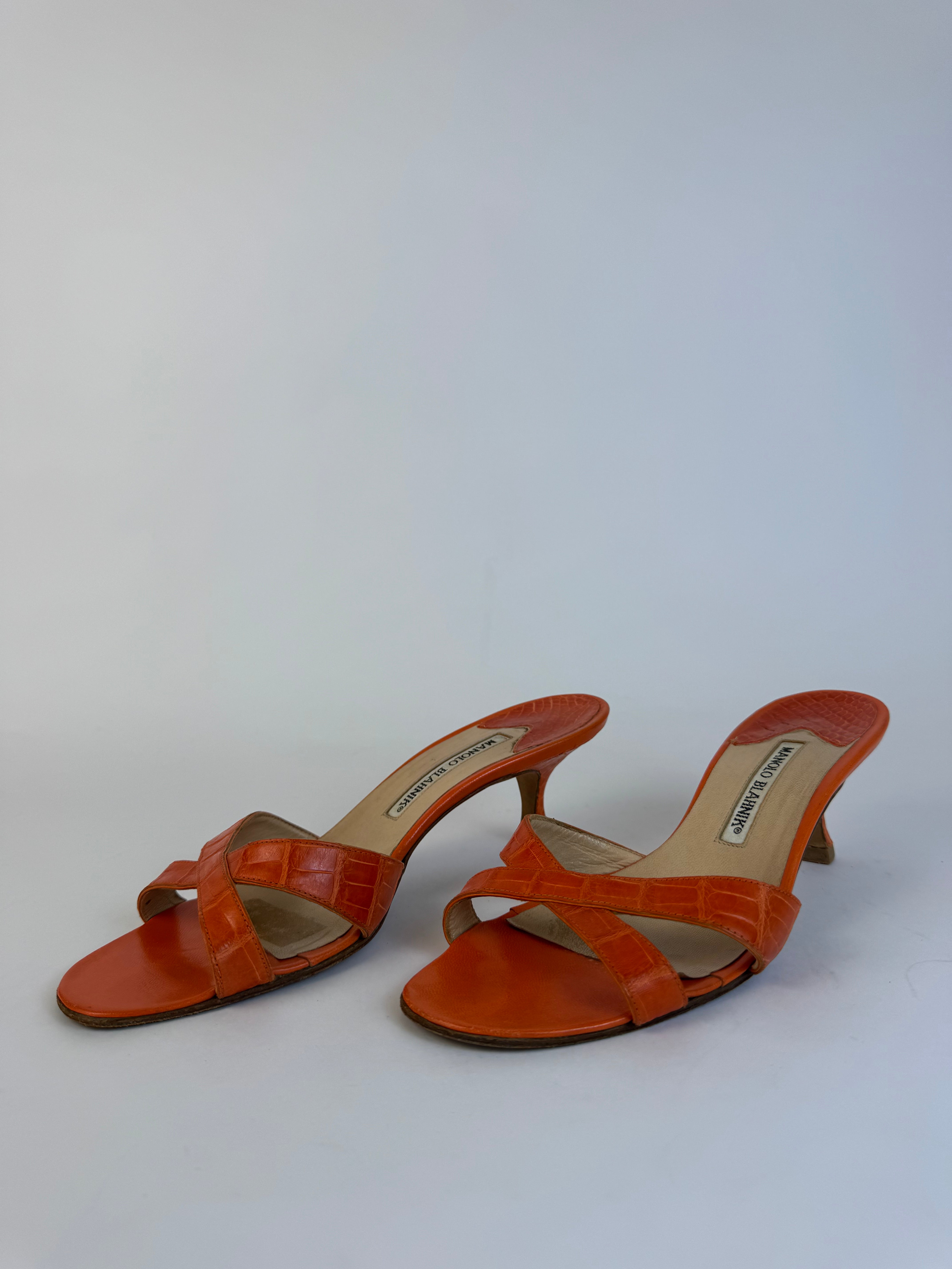 Manolo Blahnik Orange Croc Sandals 38.5