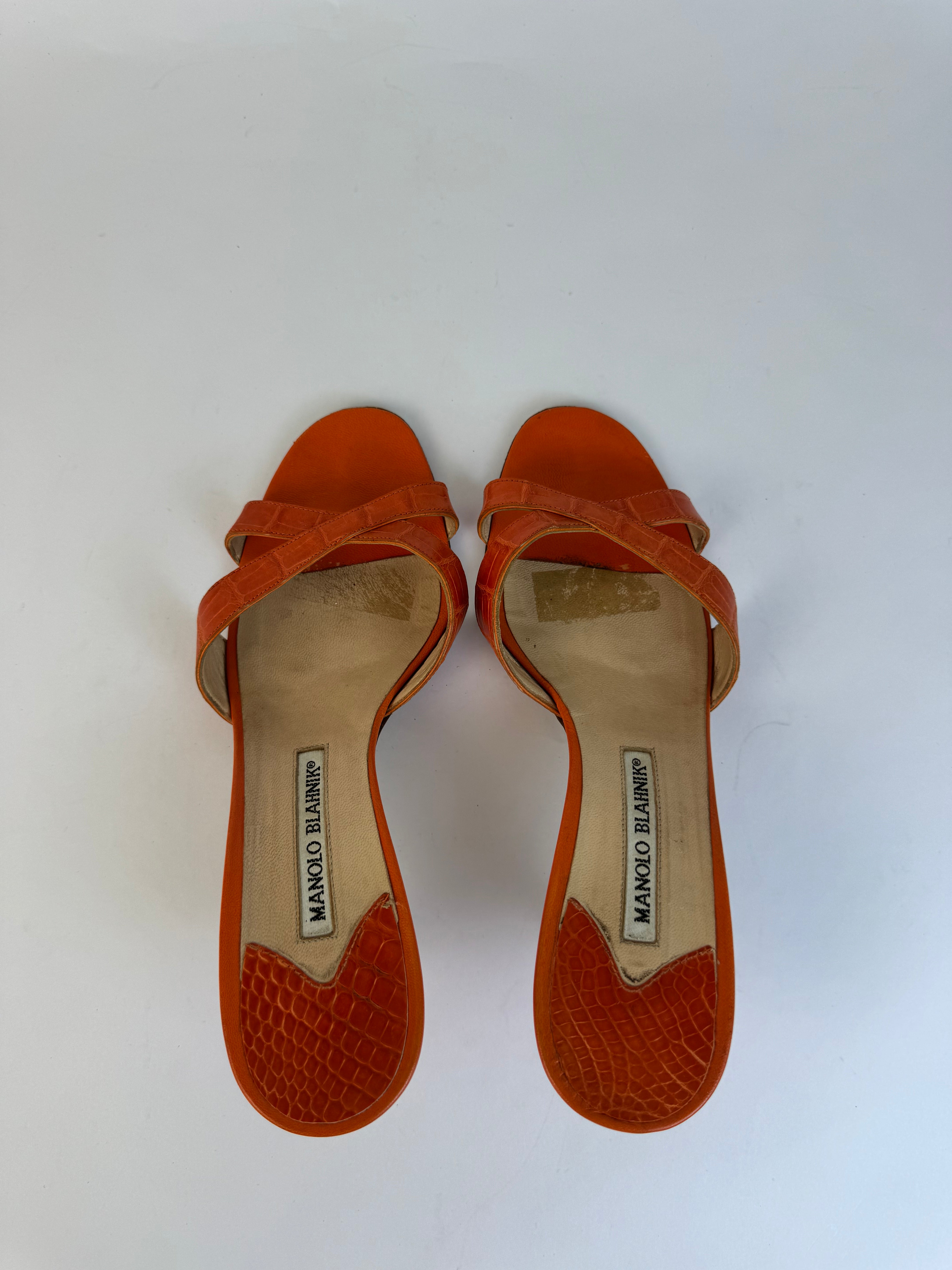 Manolo Blahnik Orange Croc Sandals 38.5