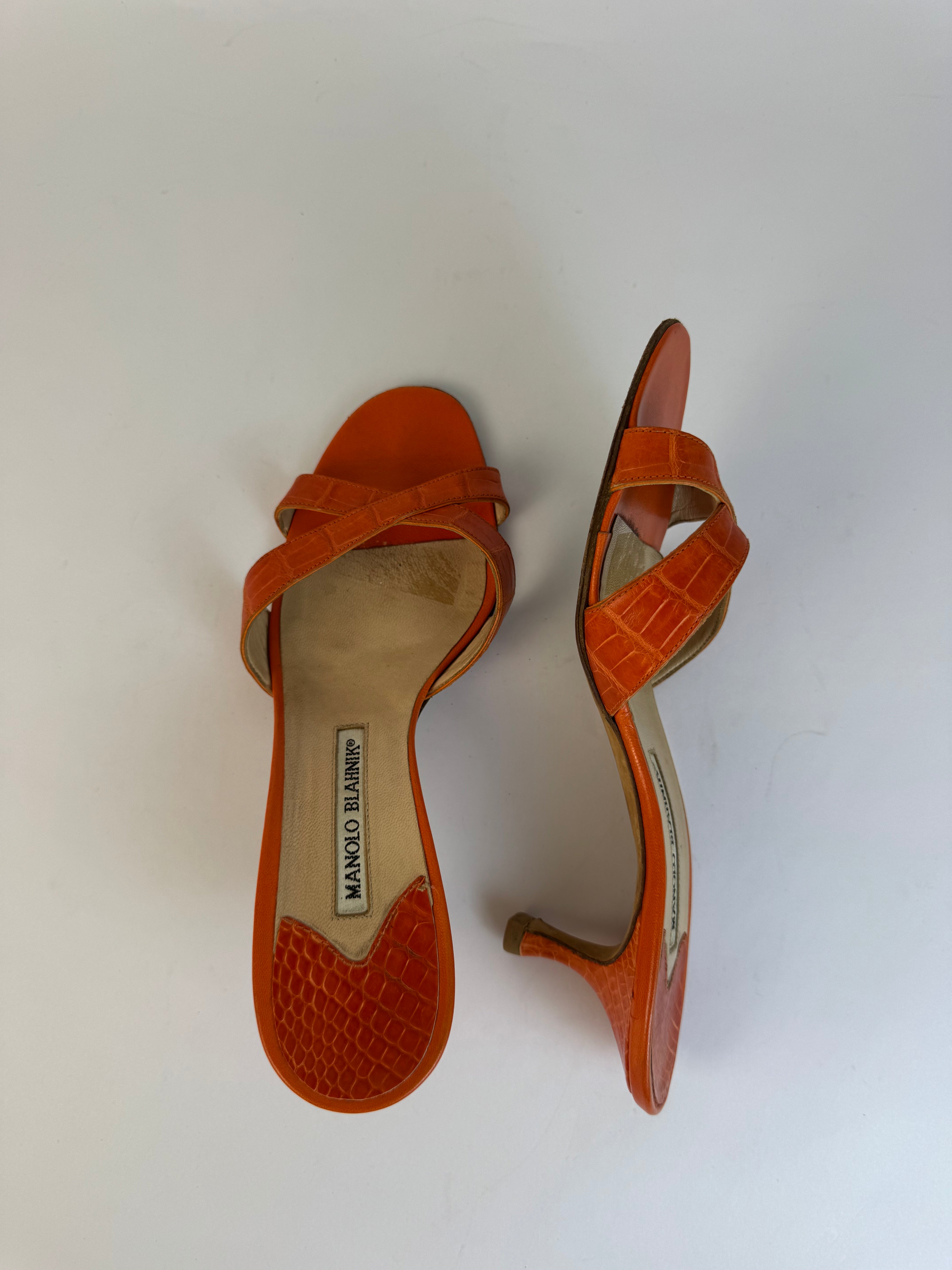 Manolo Blahnik Orange Croc Sandals 38.5