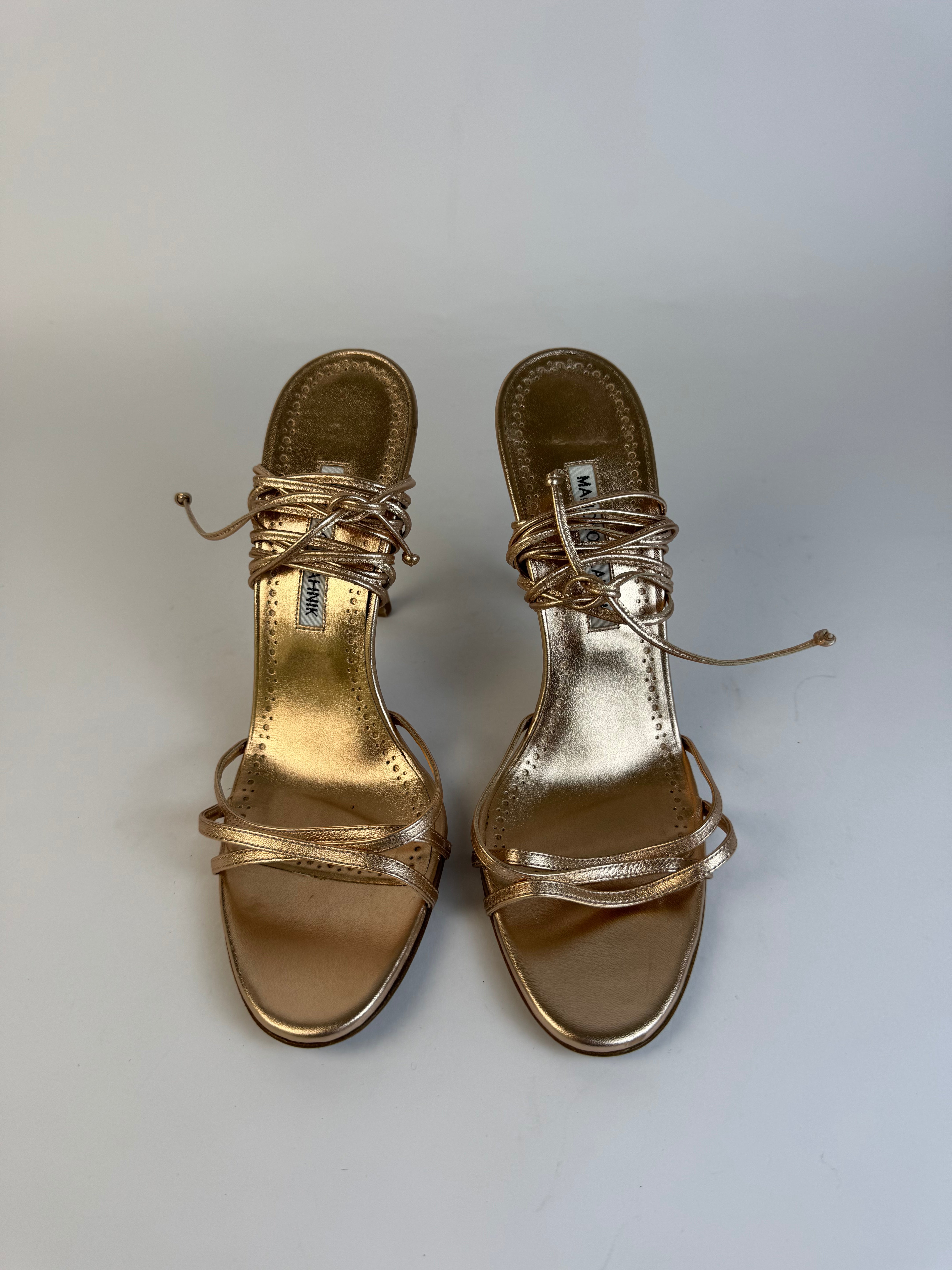 Manolo Blahnik Rose Gold Lace Up Heels 38.5