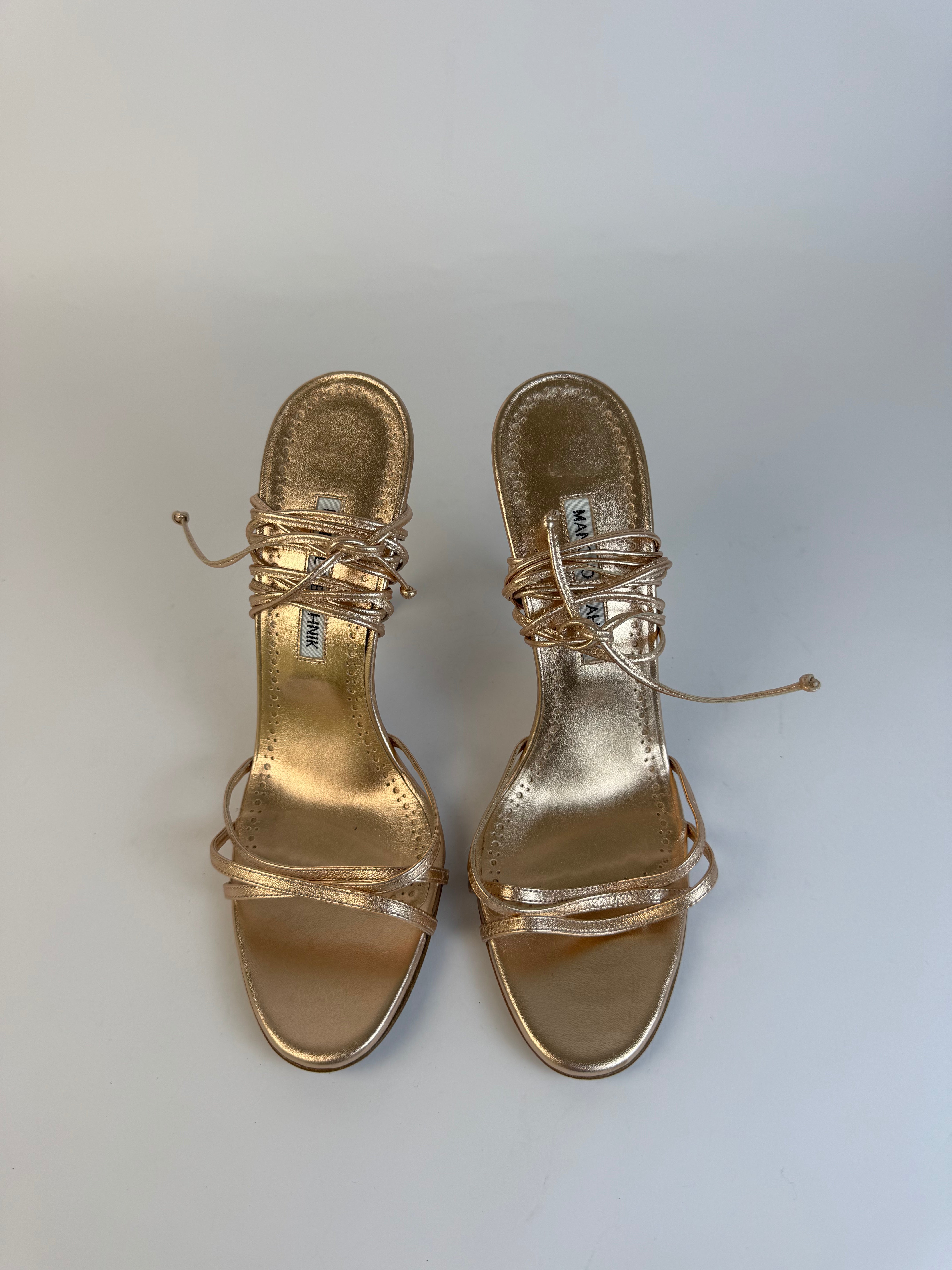Manolo Blahnik Rose Gold Lace Up Heels 38.5