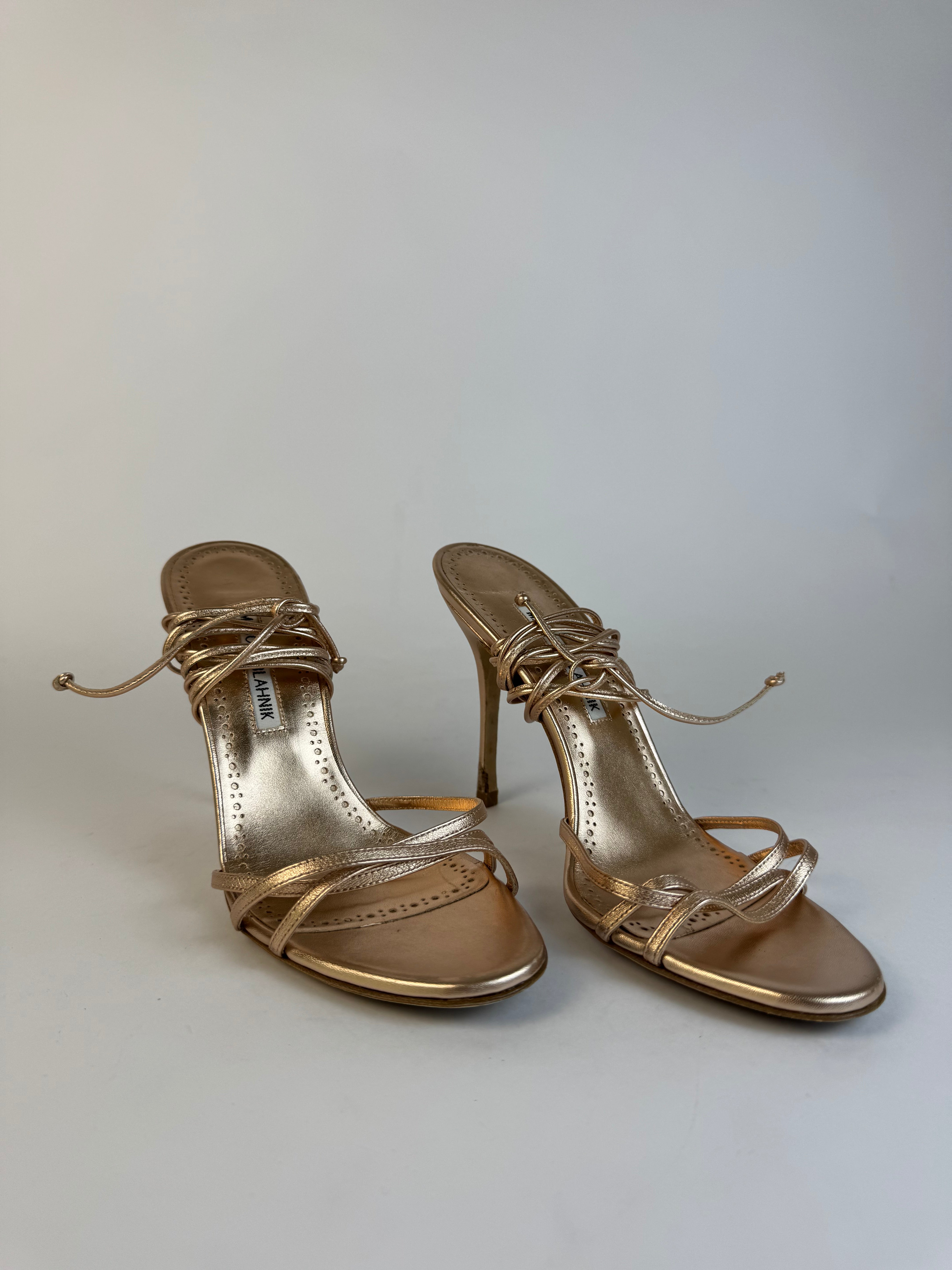 Manolo Blahnik Rose Gold Lace Up Heels 38.5