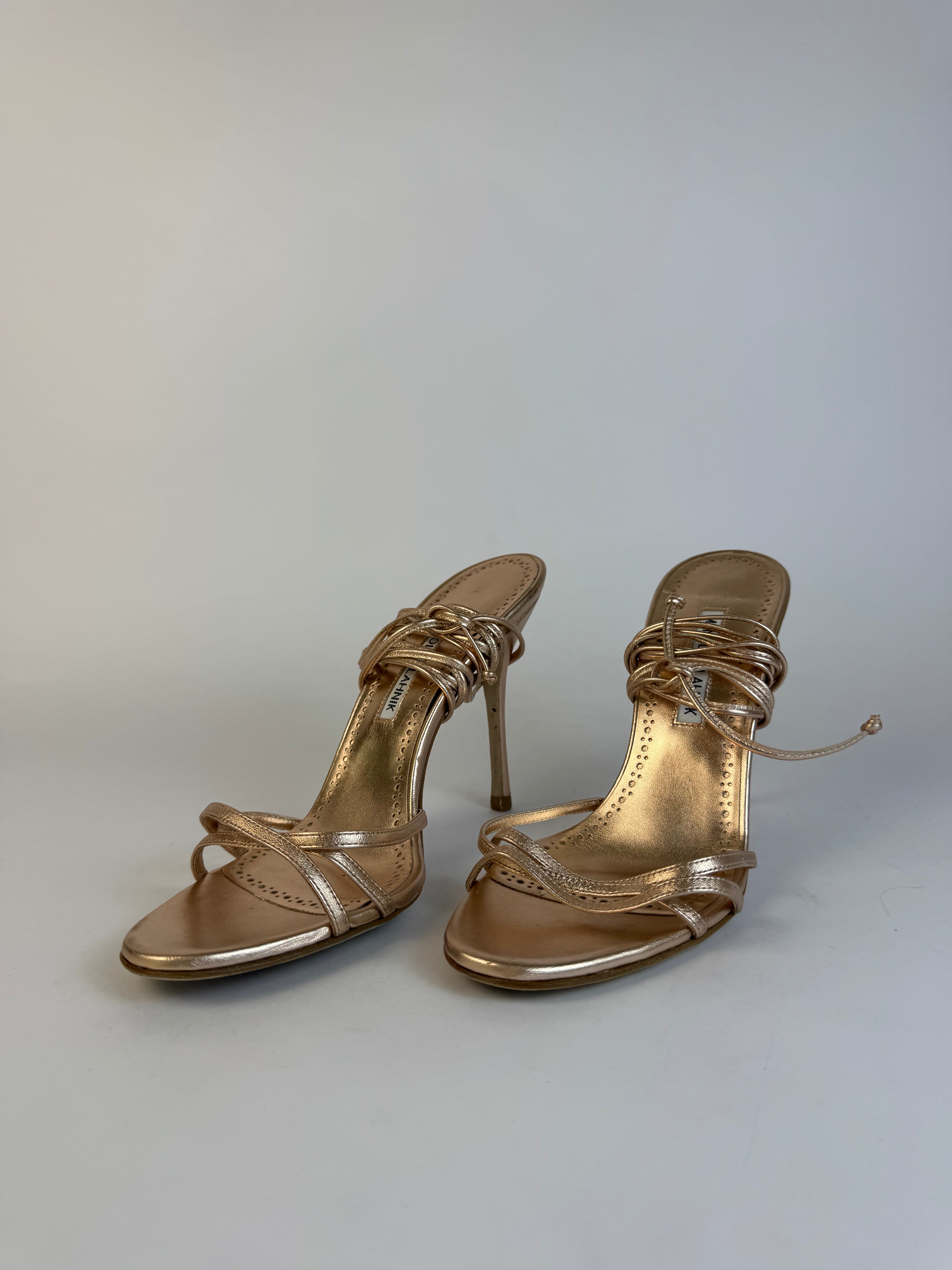 Manolo Blahnik Rose Gold Lace Up Heels 38.5
