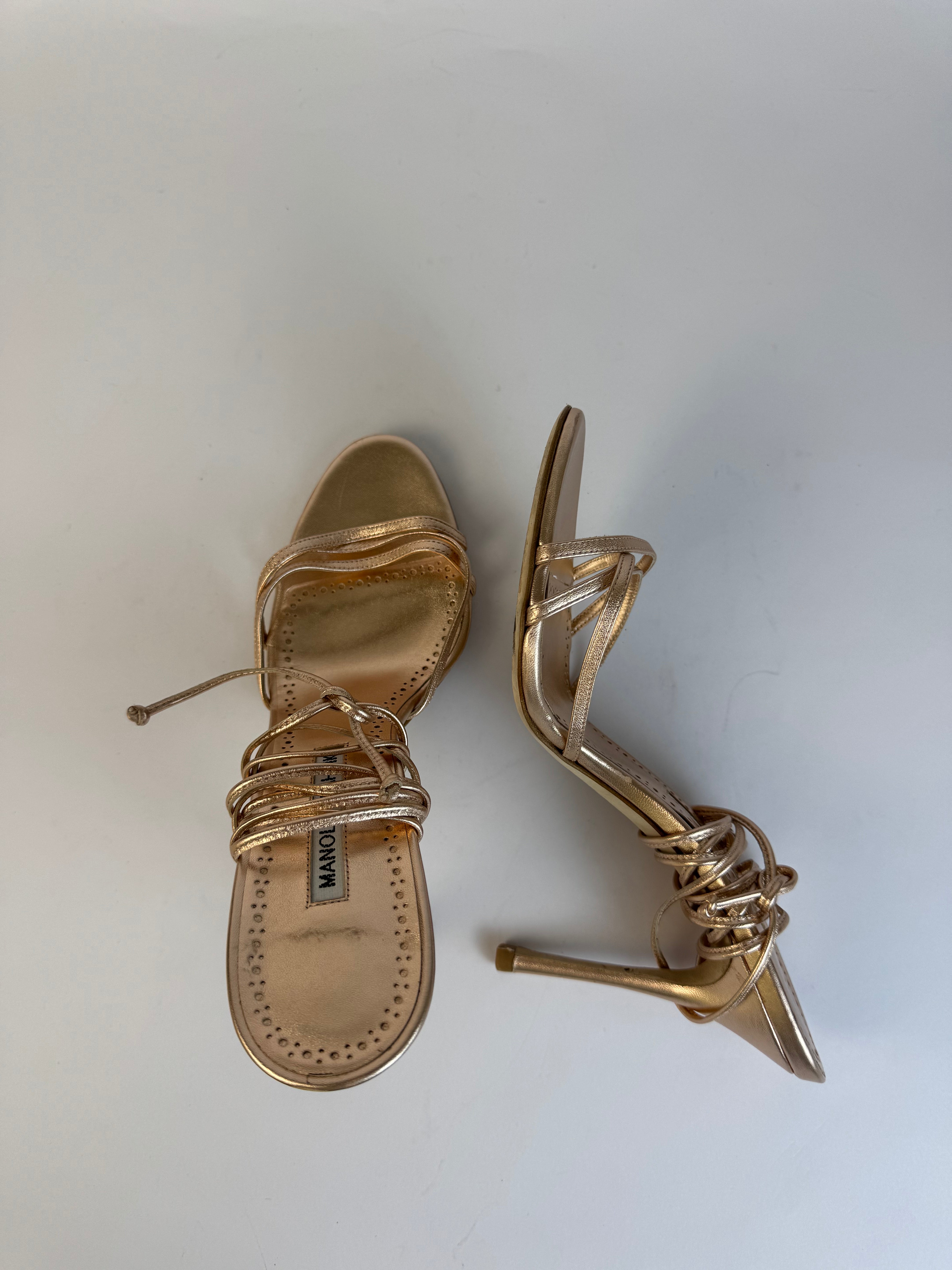 Manolo Blahnik Rose Gold Lace Up Heels 38.5