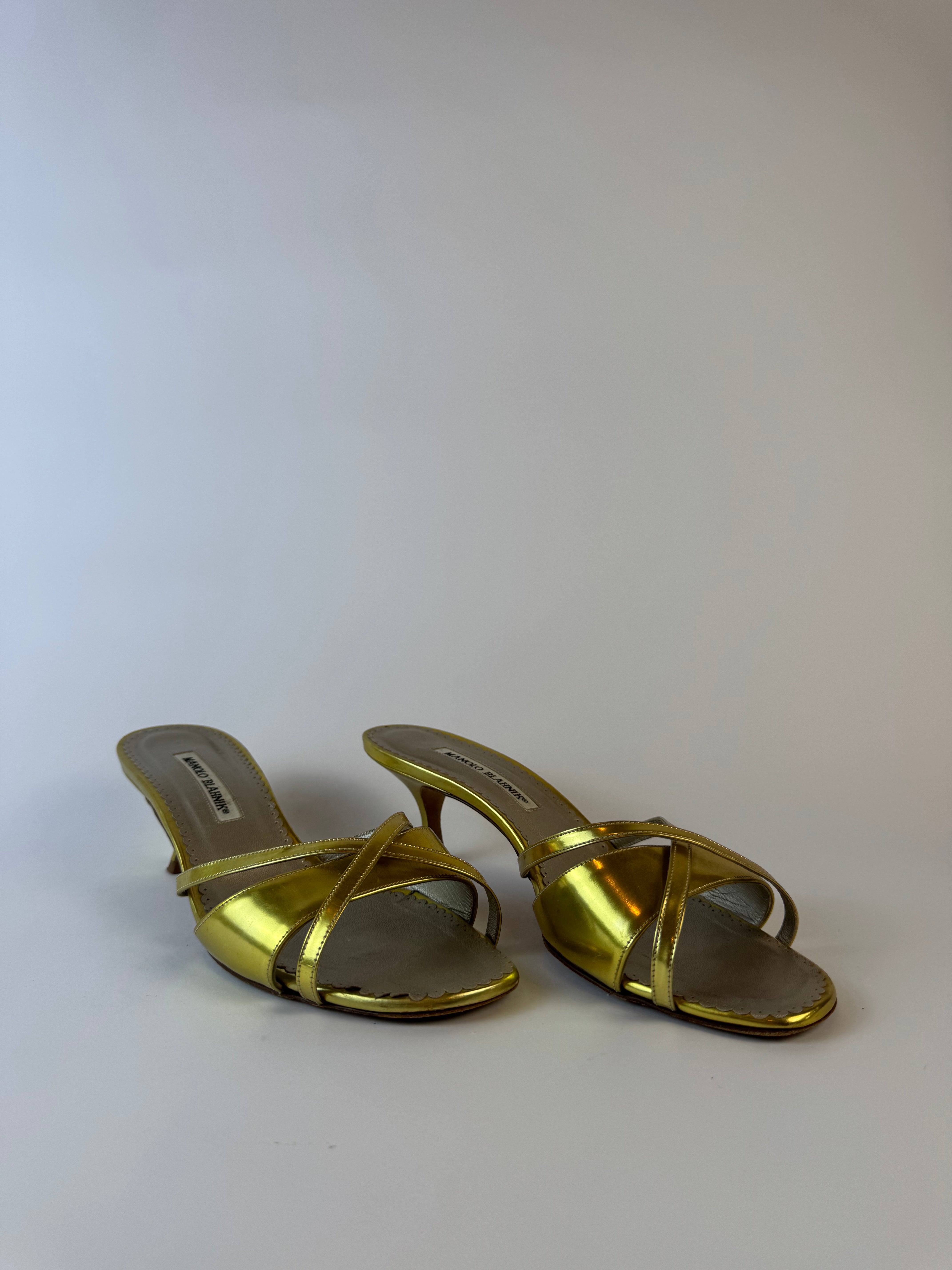 Manolo Blahnik Gold Slide Heels 40