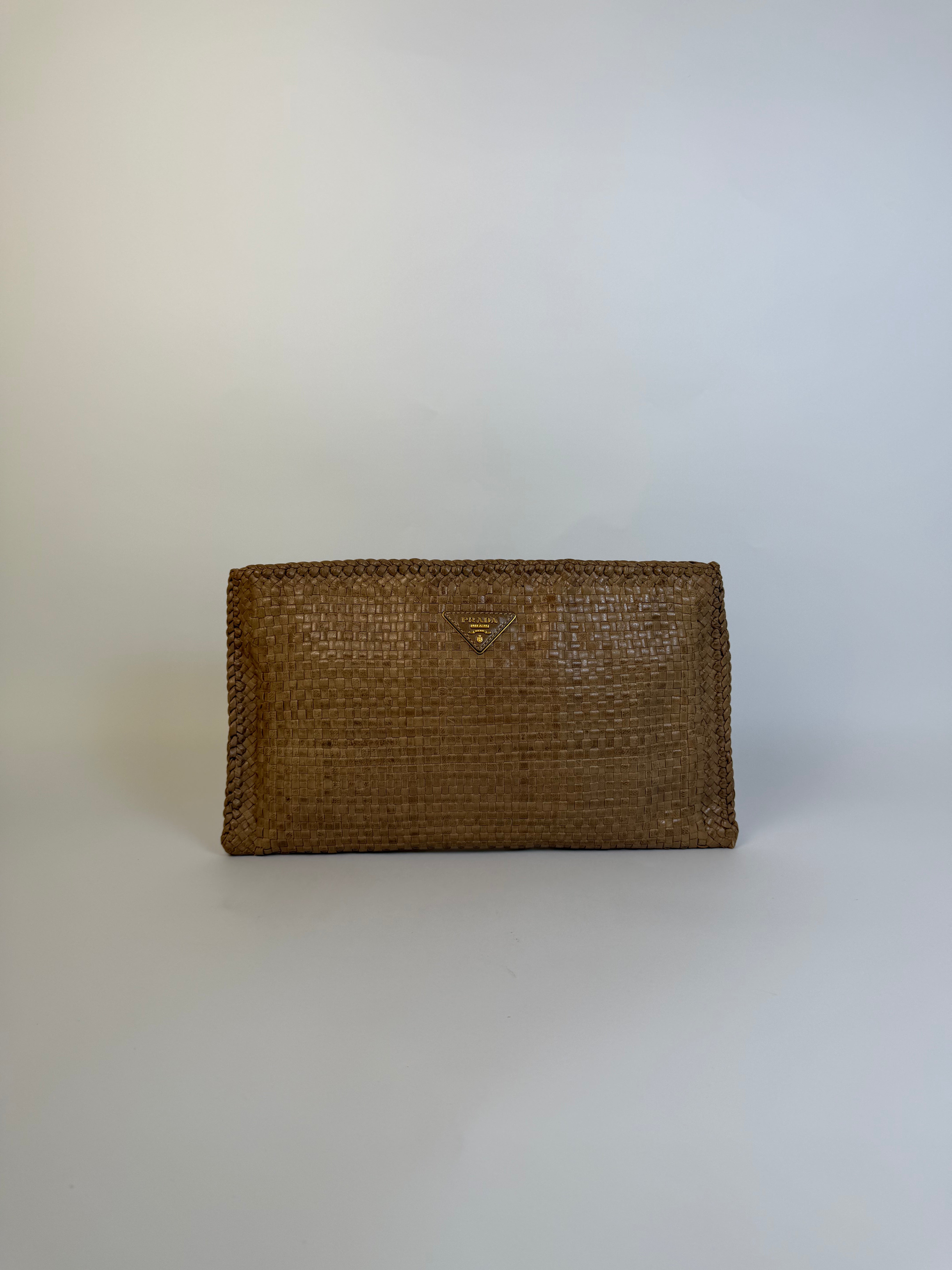 Prada Vintage Woven Clutch Tan