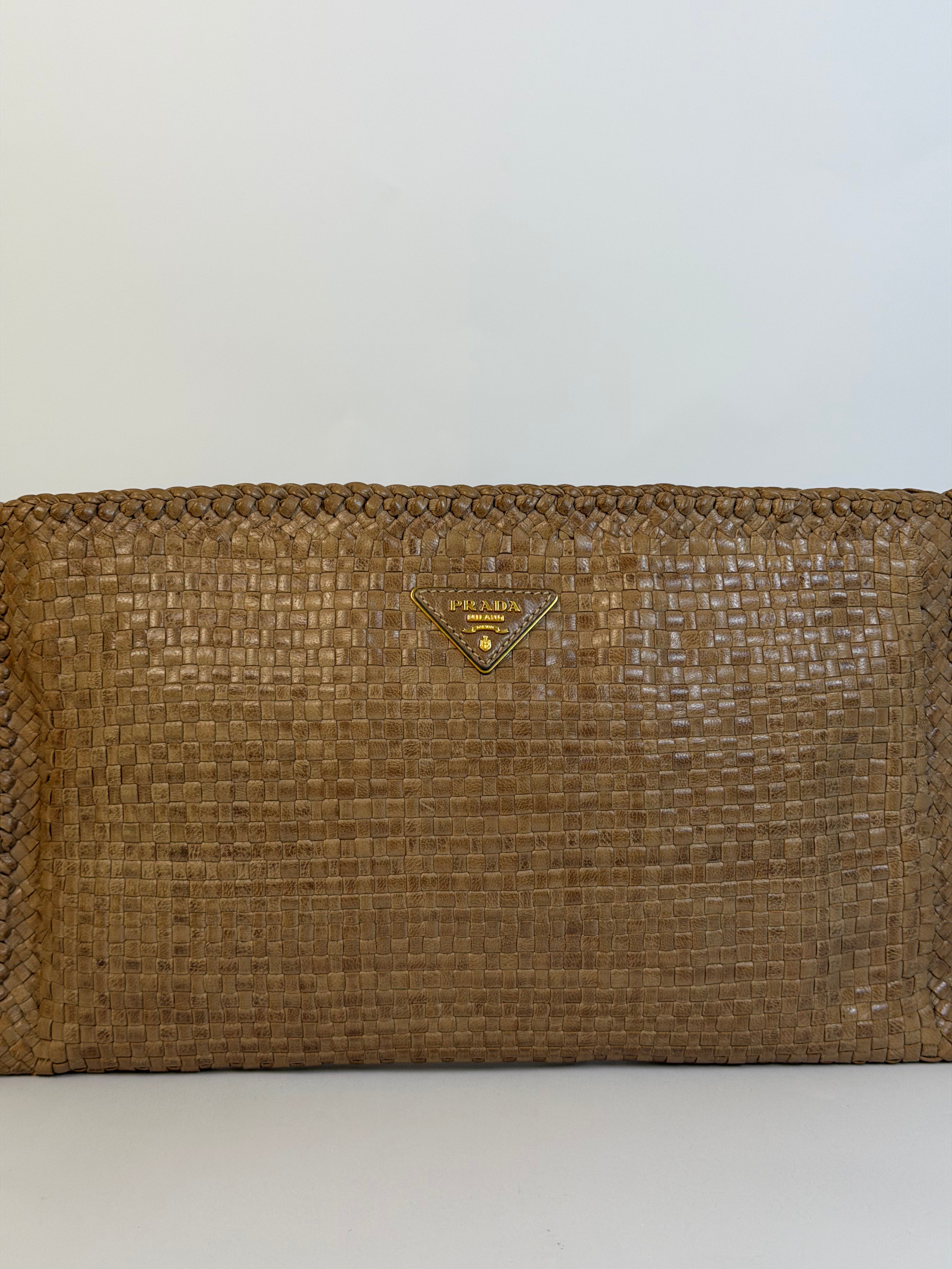 Prada Vintage Woven Clutch Tan