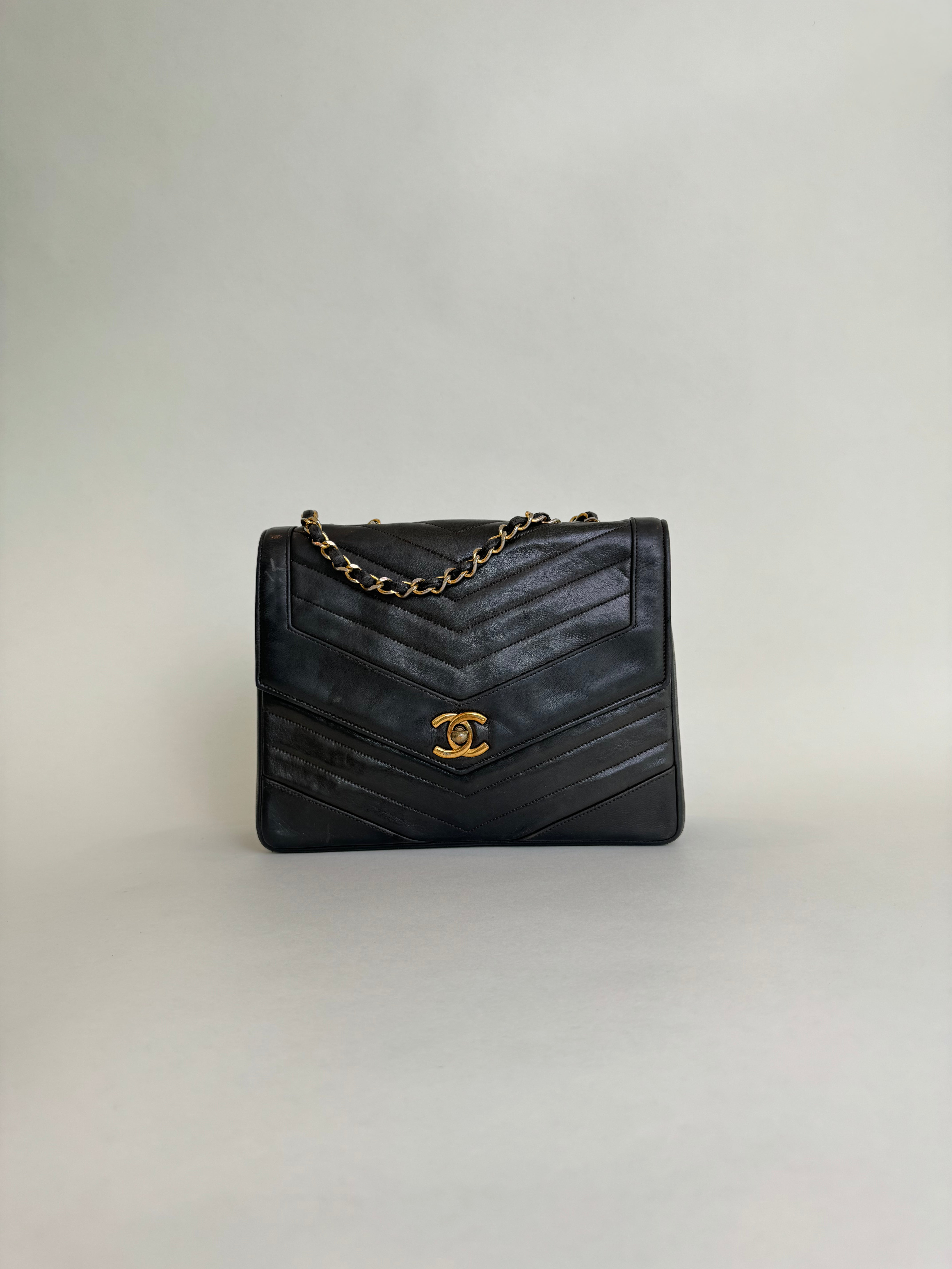 Chanel Black Chevron Classic Single Flap Bag