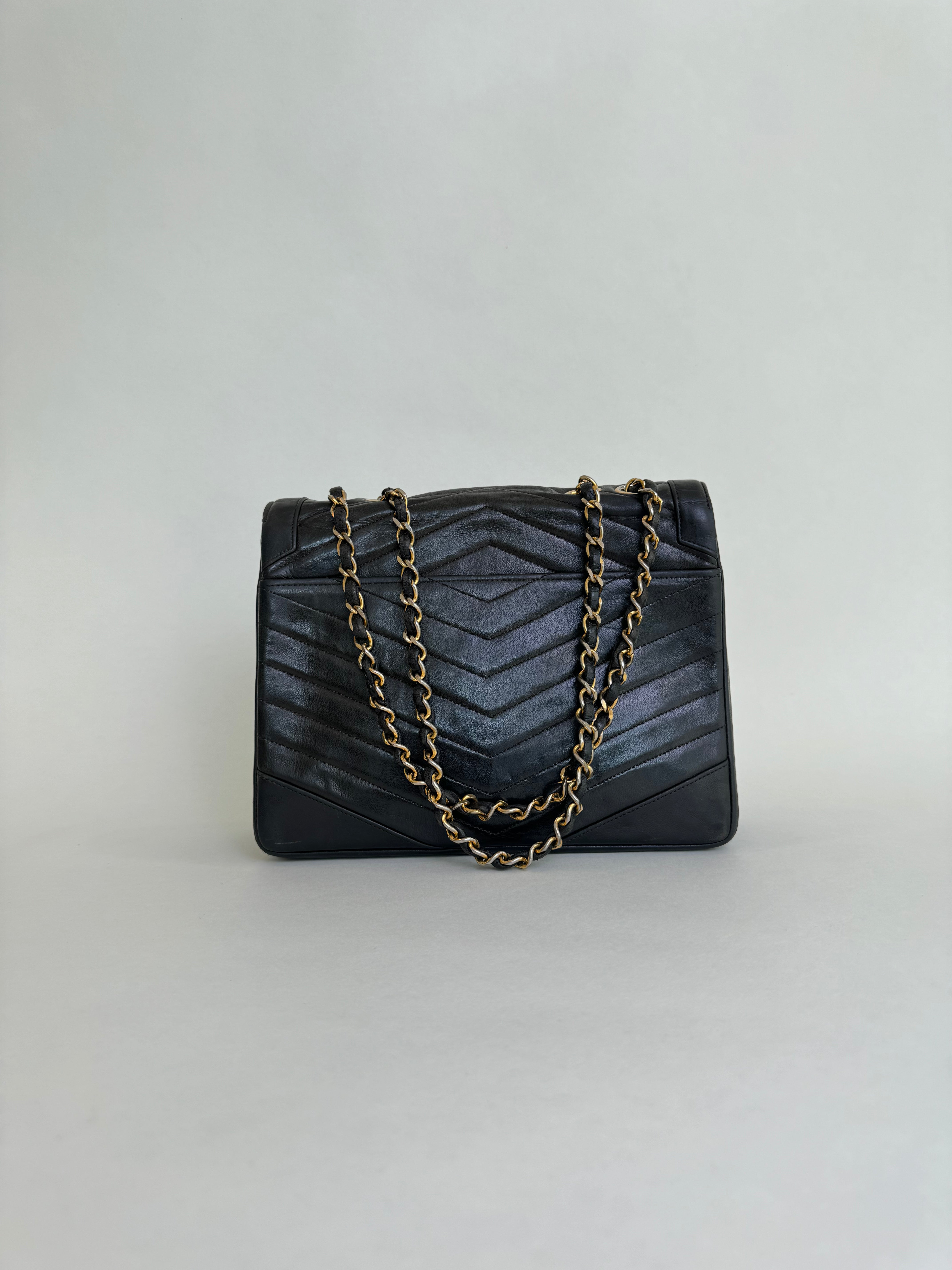 Chanel Black Chevron Classic Single Flap Bag