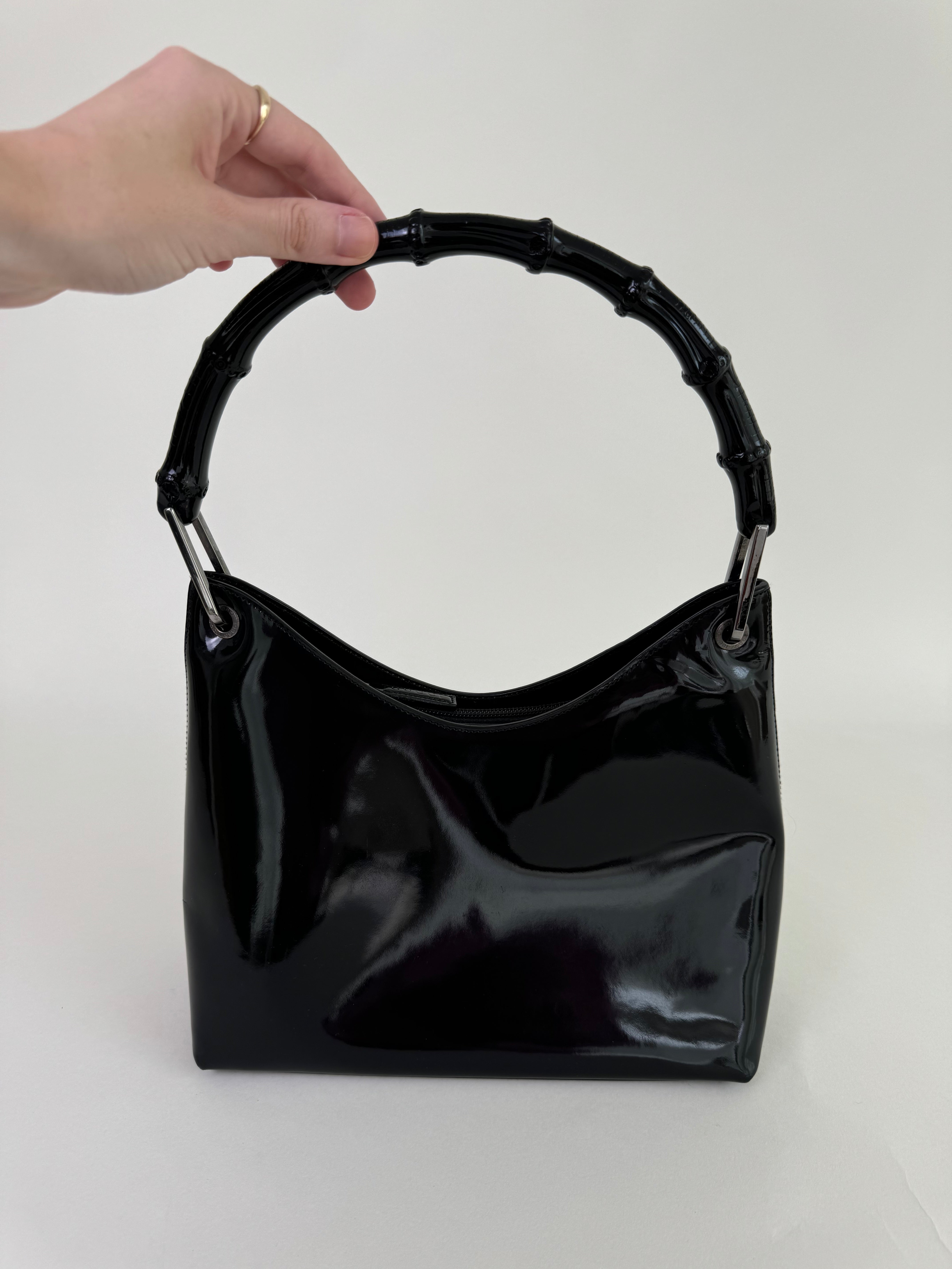 Gucci Black Patent Leather Bamboo Handbag