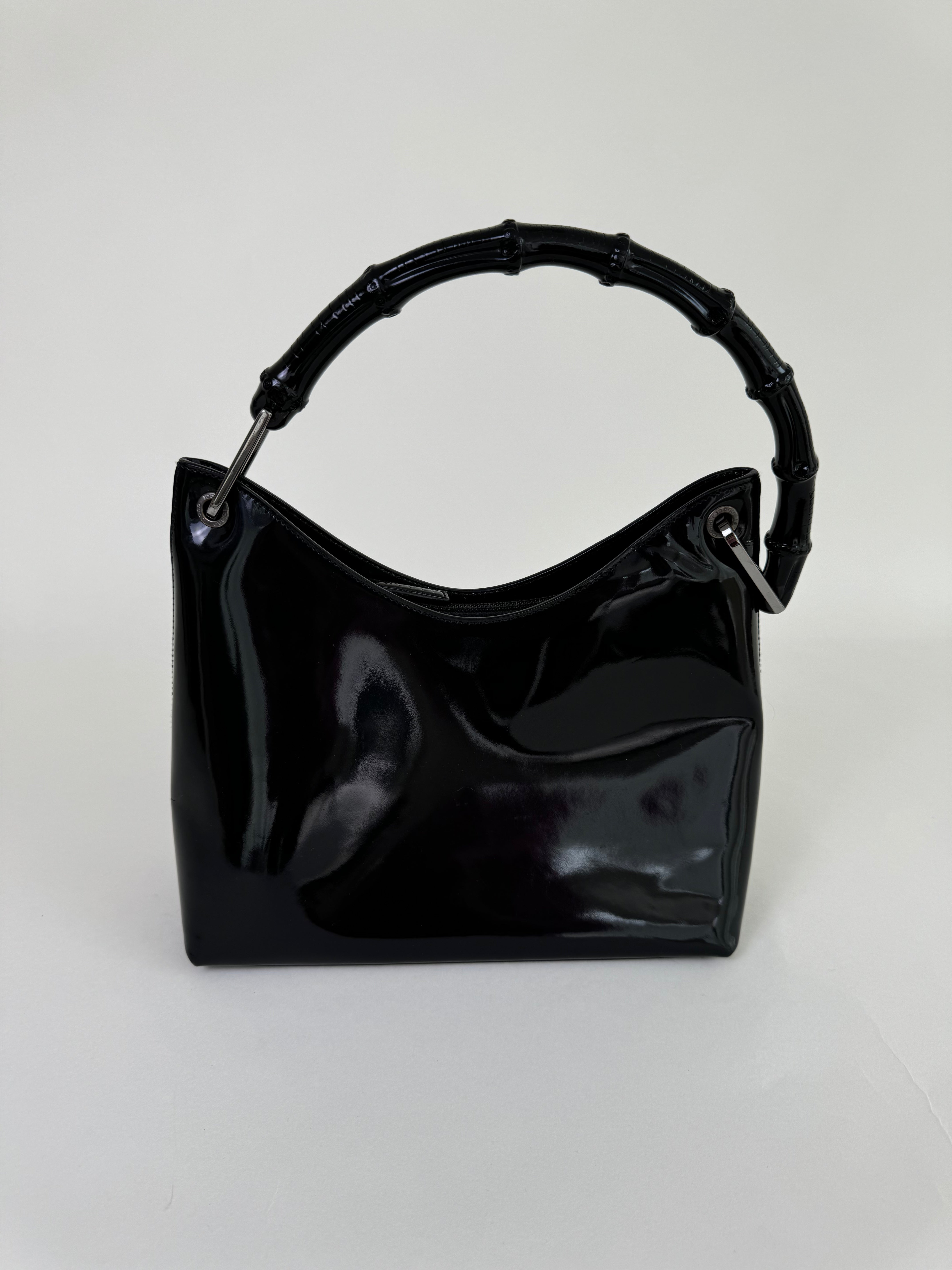 Gucci Black Patent Leather Bamboo Handbag