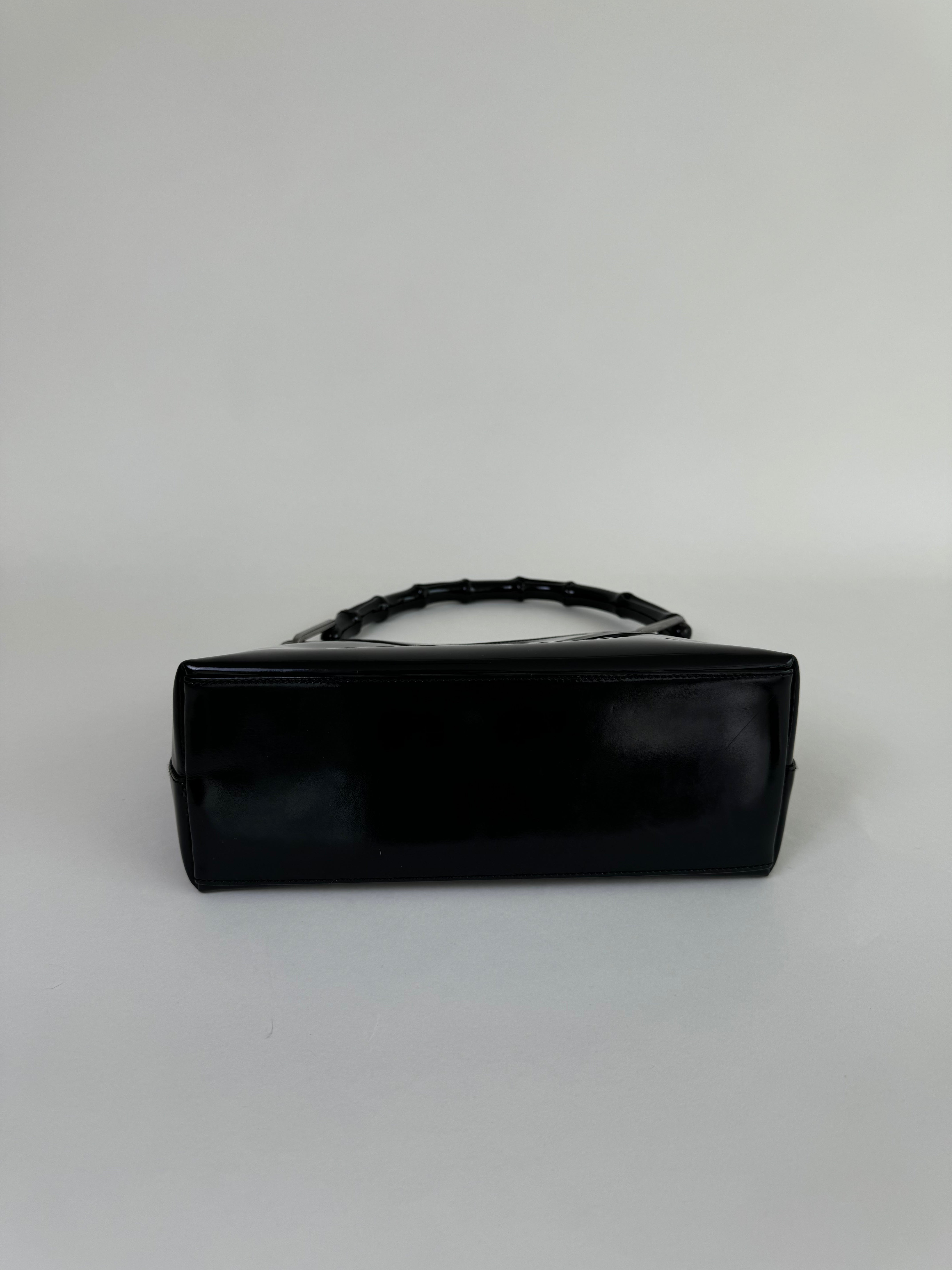 Gucci Black Patent Leather Bamboo Handbag