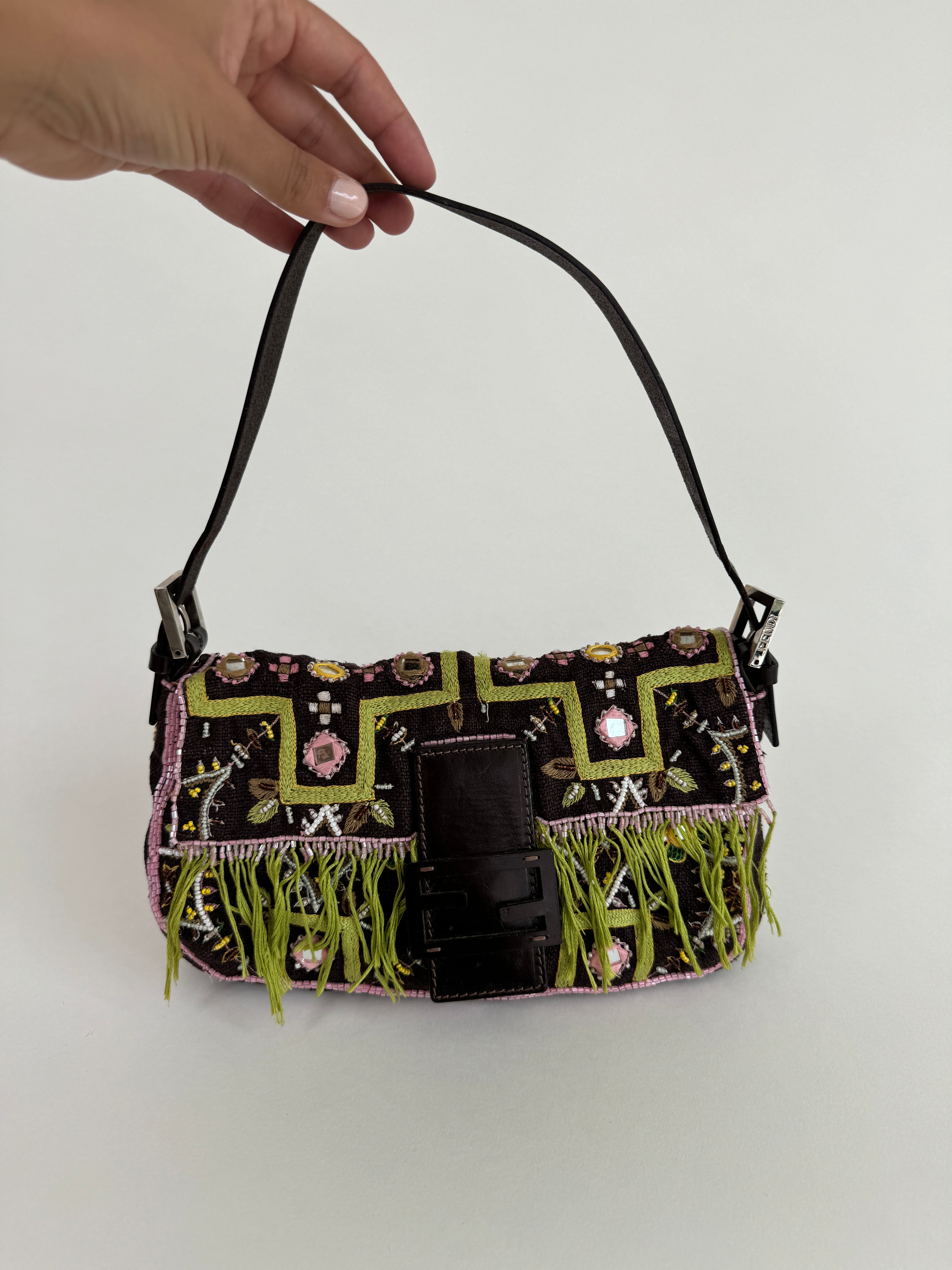 Fendi Leather Trimmed Embroidered Fringe Baguette Bag