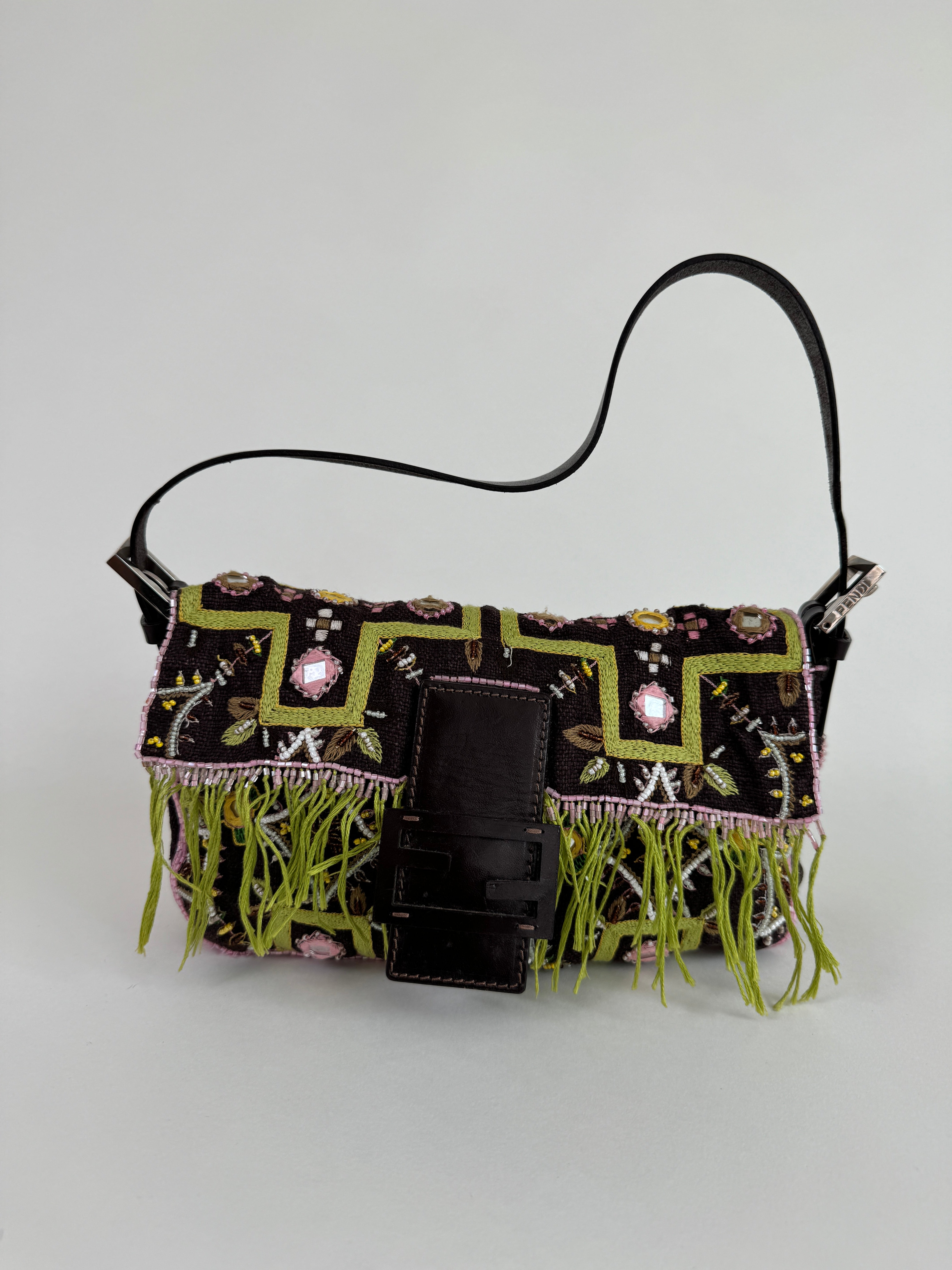 Fendi Leather Trimmed Embroidered Fringe Baguette Bag