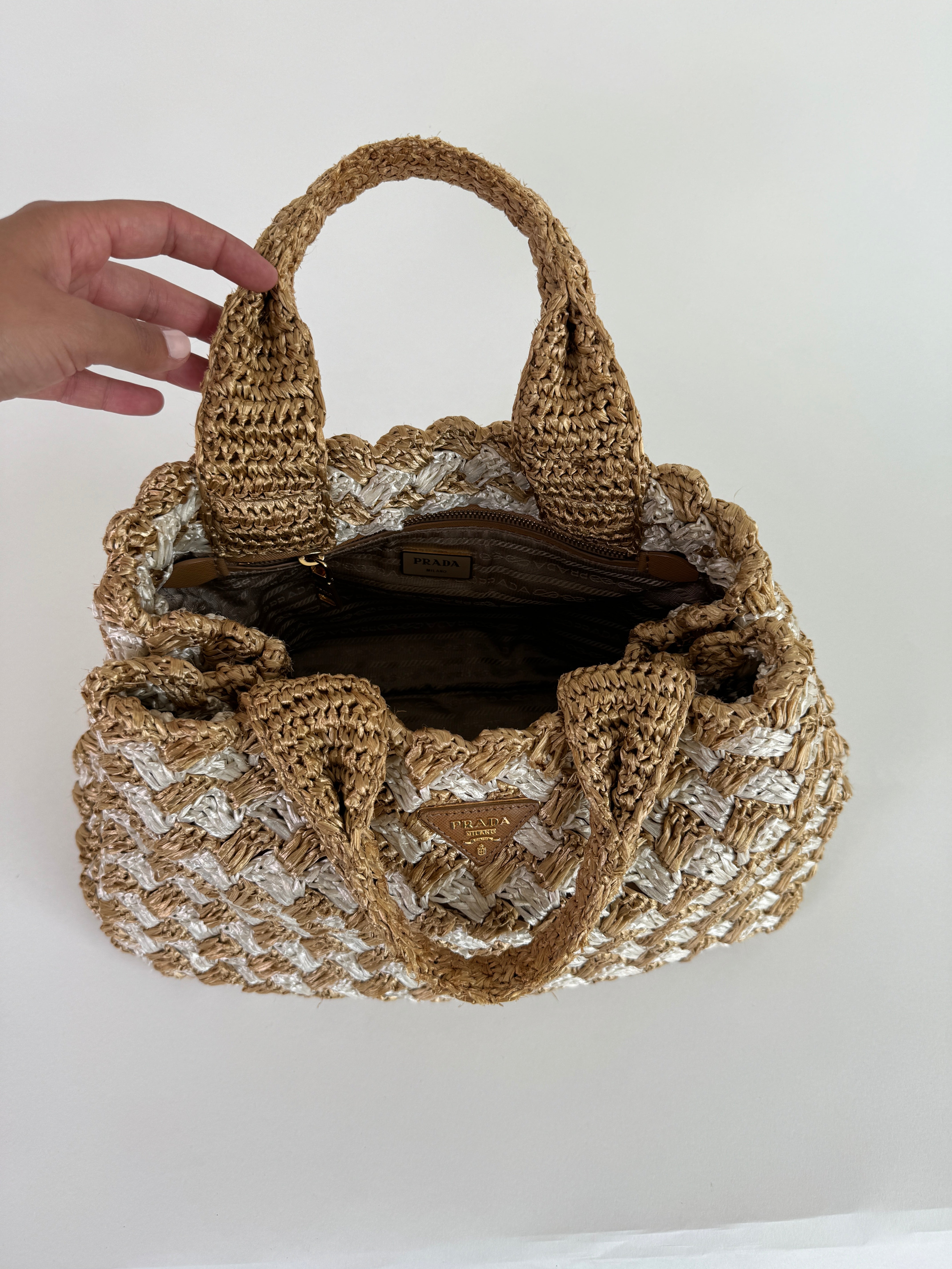 Prada Raffia Crochet Bi-Color Tote