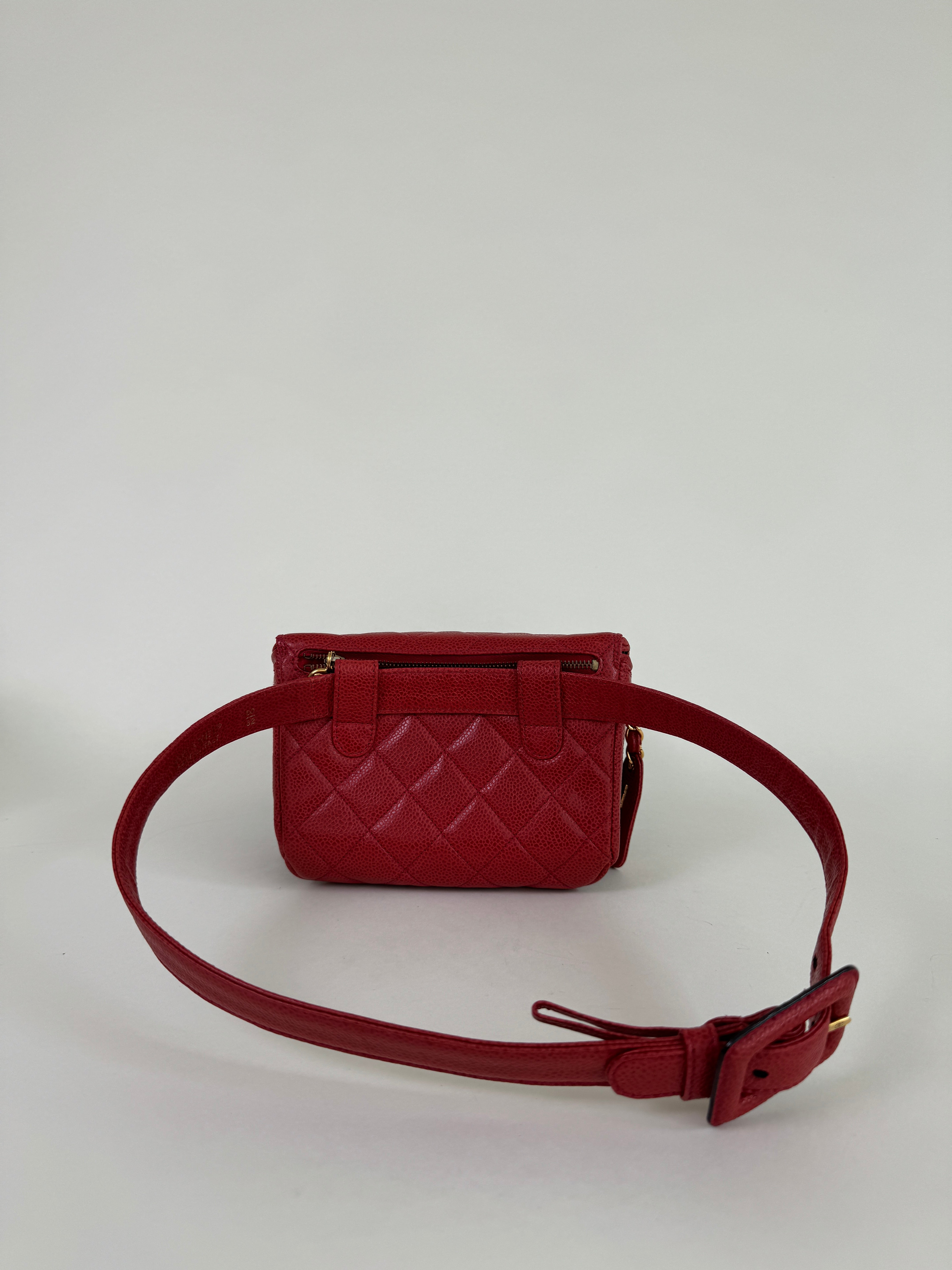 Chanel Red Quilted Caviar Leather Belt Bag