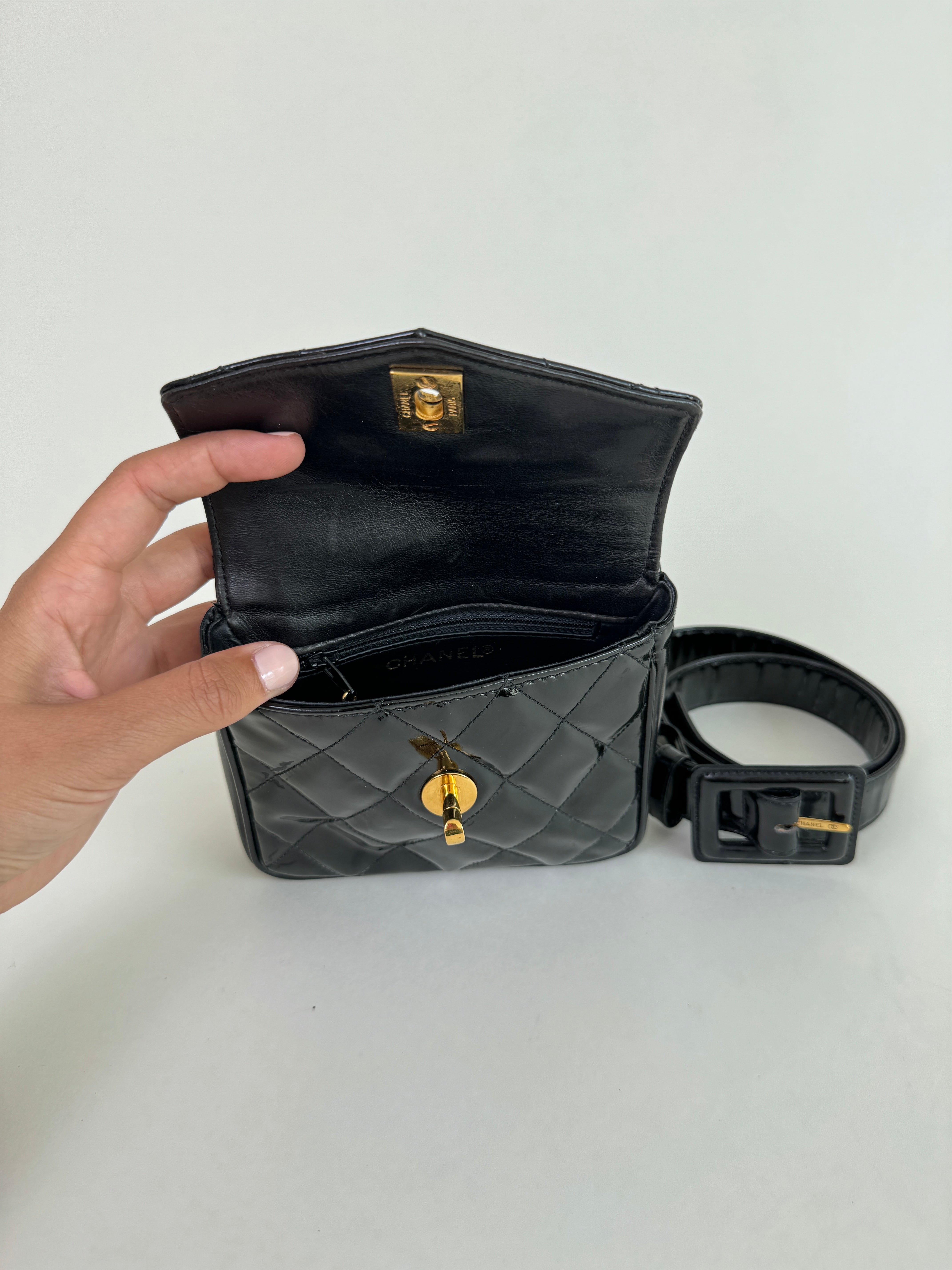 Chanel Black Quilted Patent Leather CC Belt Bag