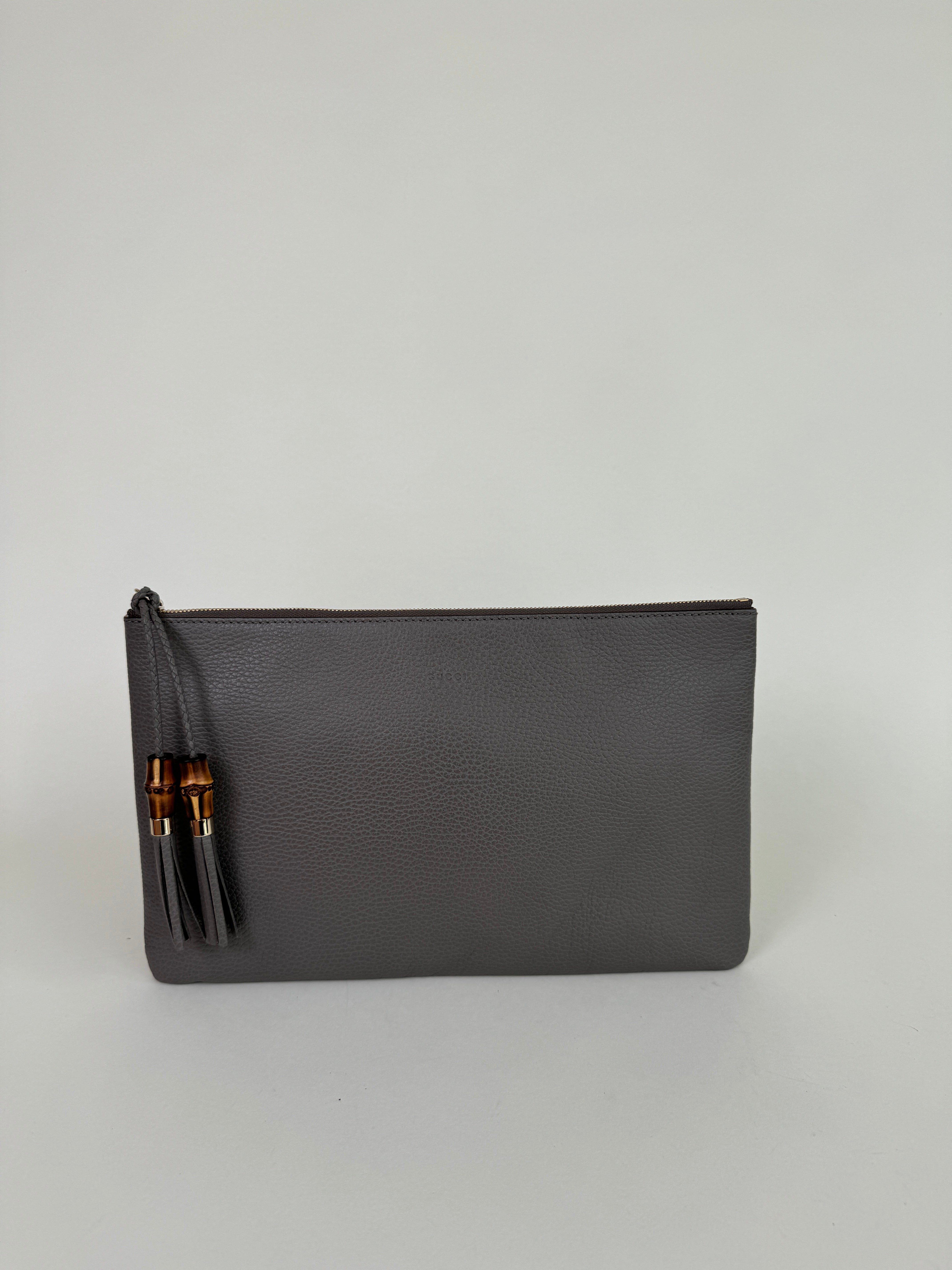 Gucci Large Grey Calfskin Bamboo Clutch