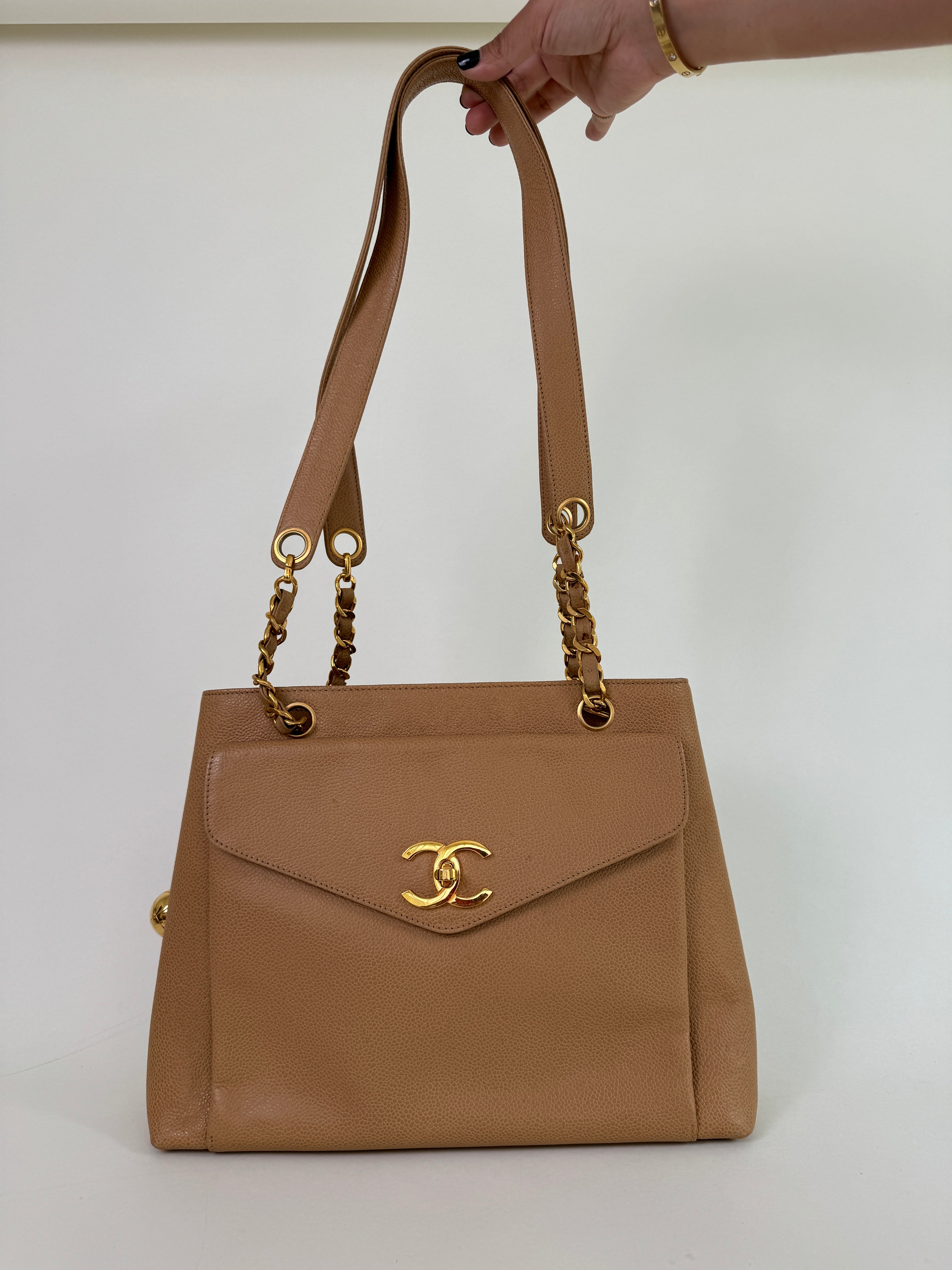 Chanel Tan Caviar Leather CC Tote Bag