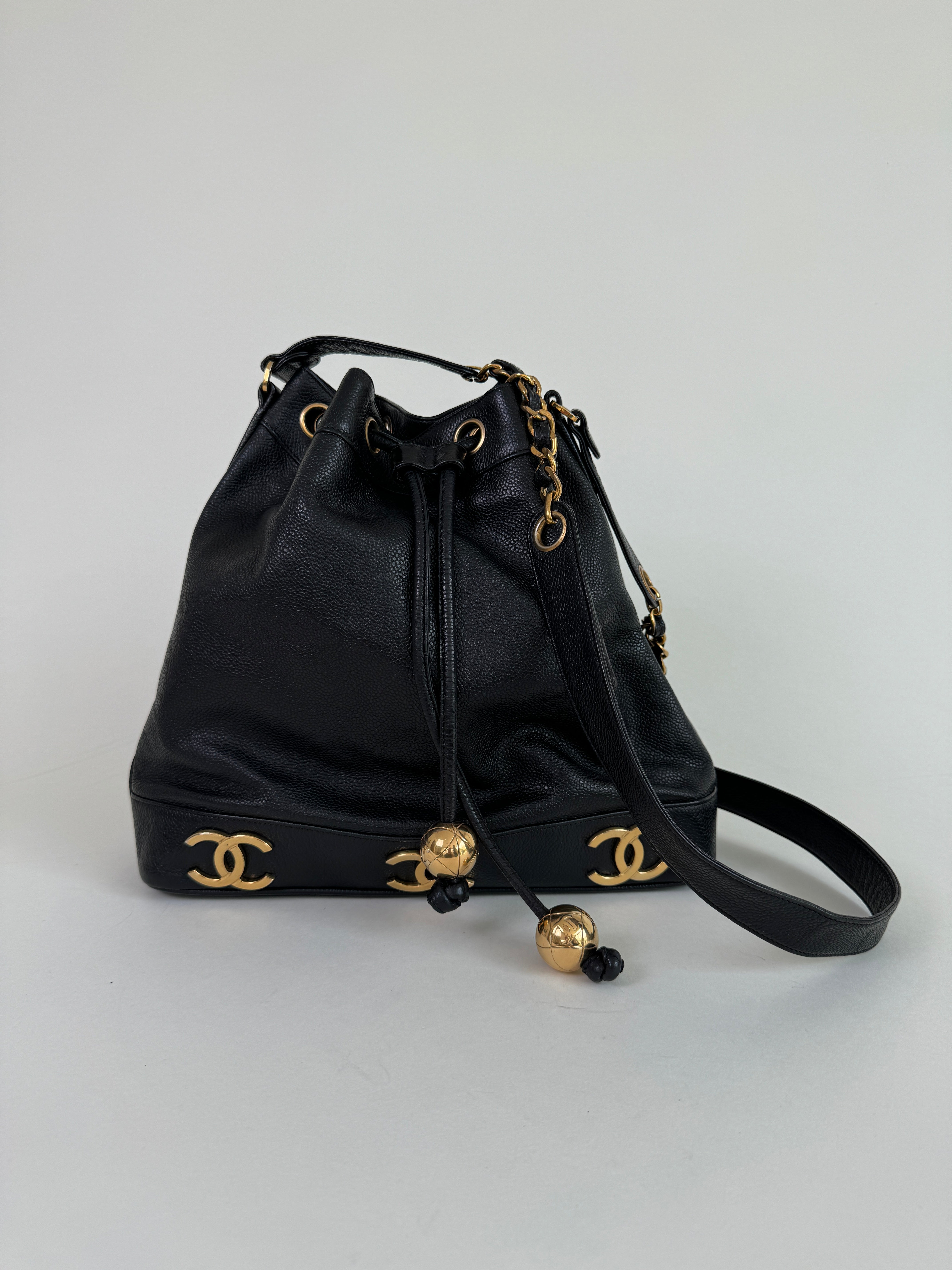 Chanel Black Caviar Leather Triple CC Bucket Bag