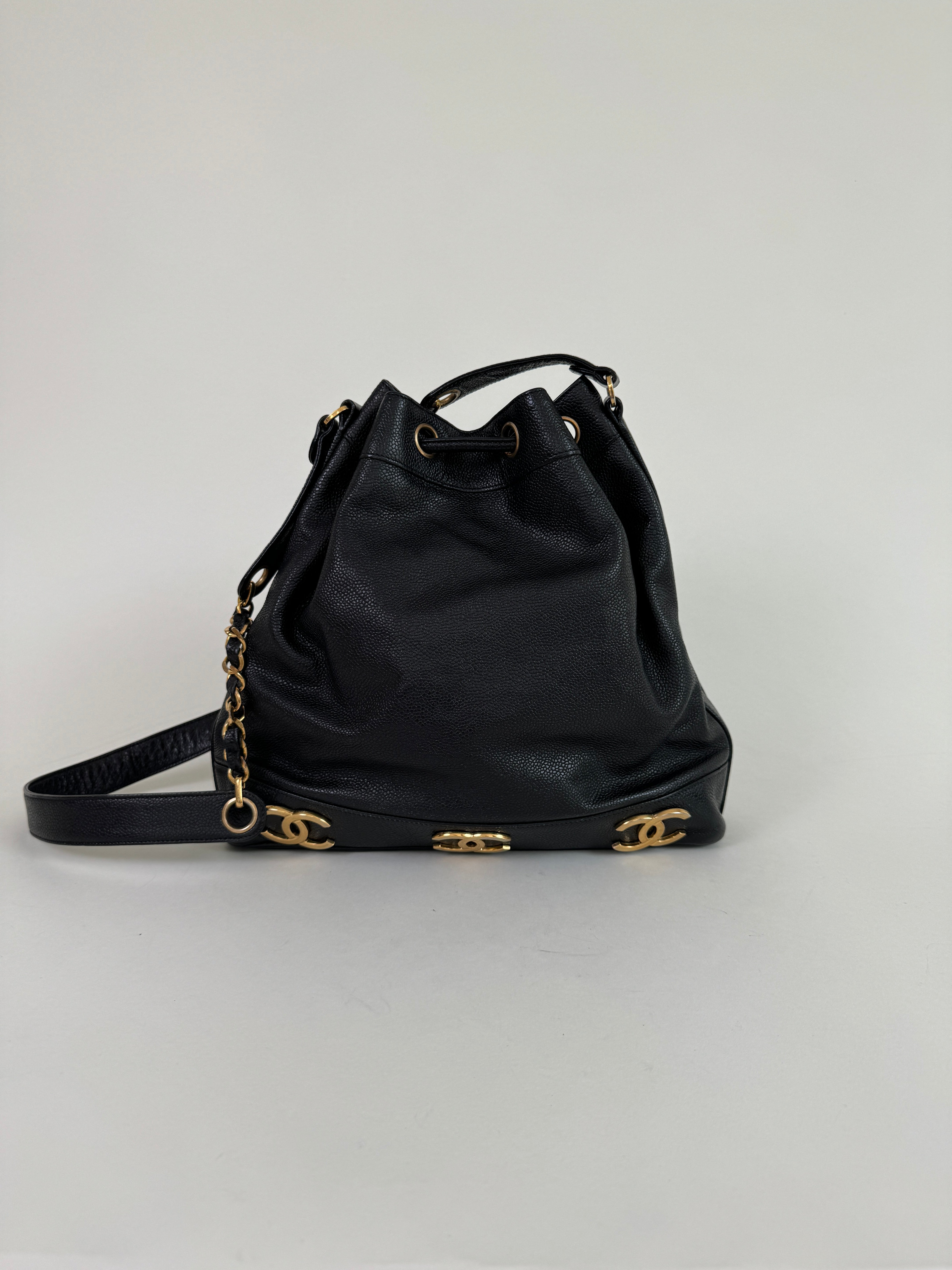 Chanel Black Caviar Leather Triple CC Bucket Bag