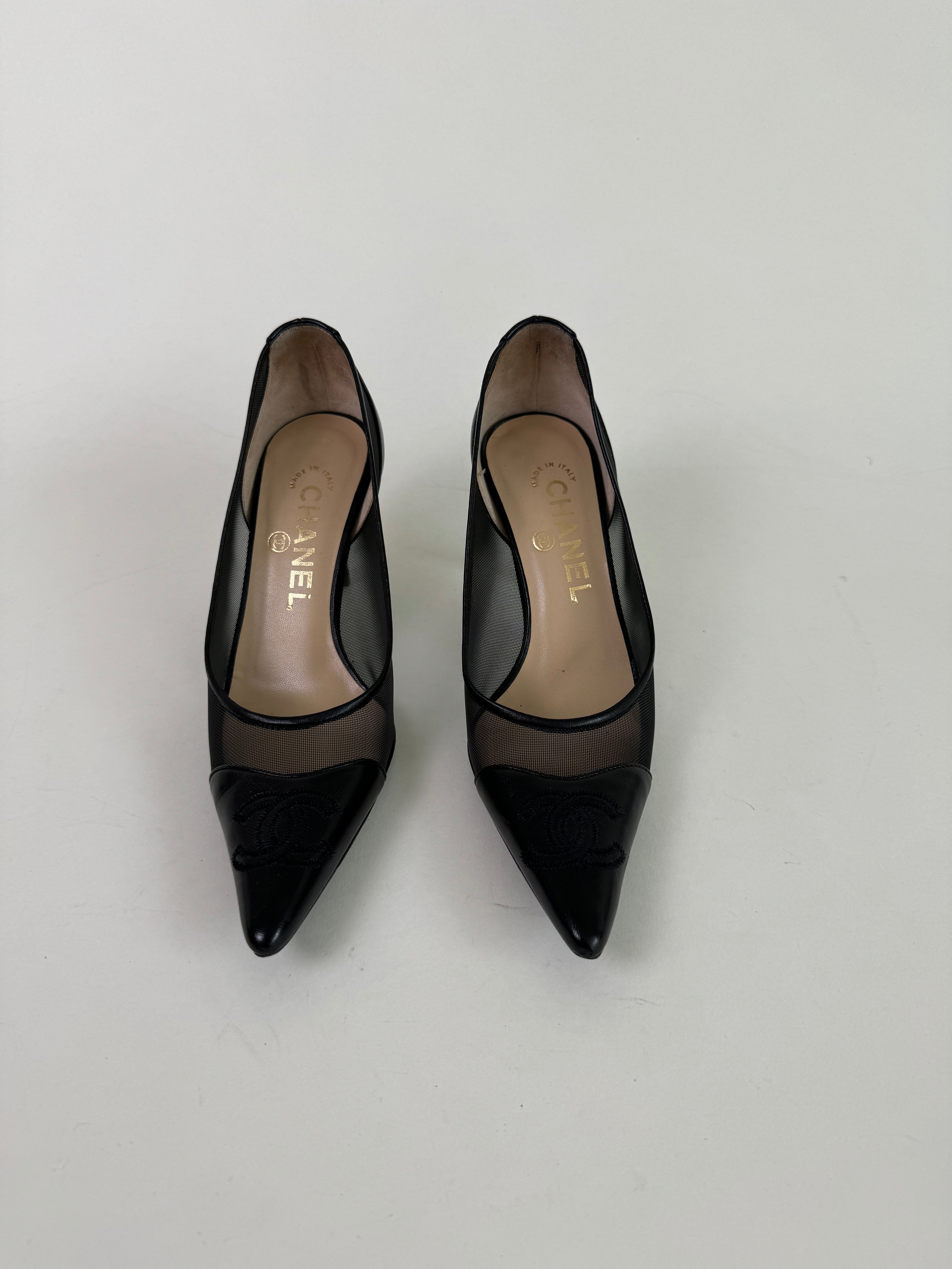 Vintage Chanel Black Mesh CC Pumps 35