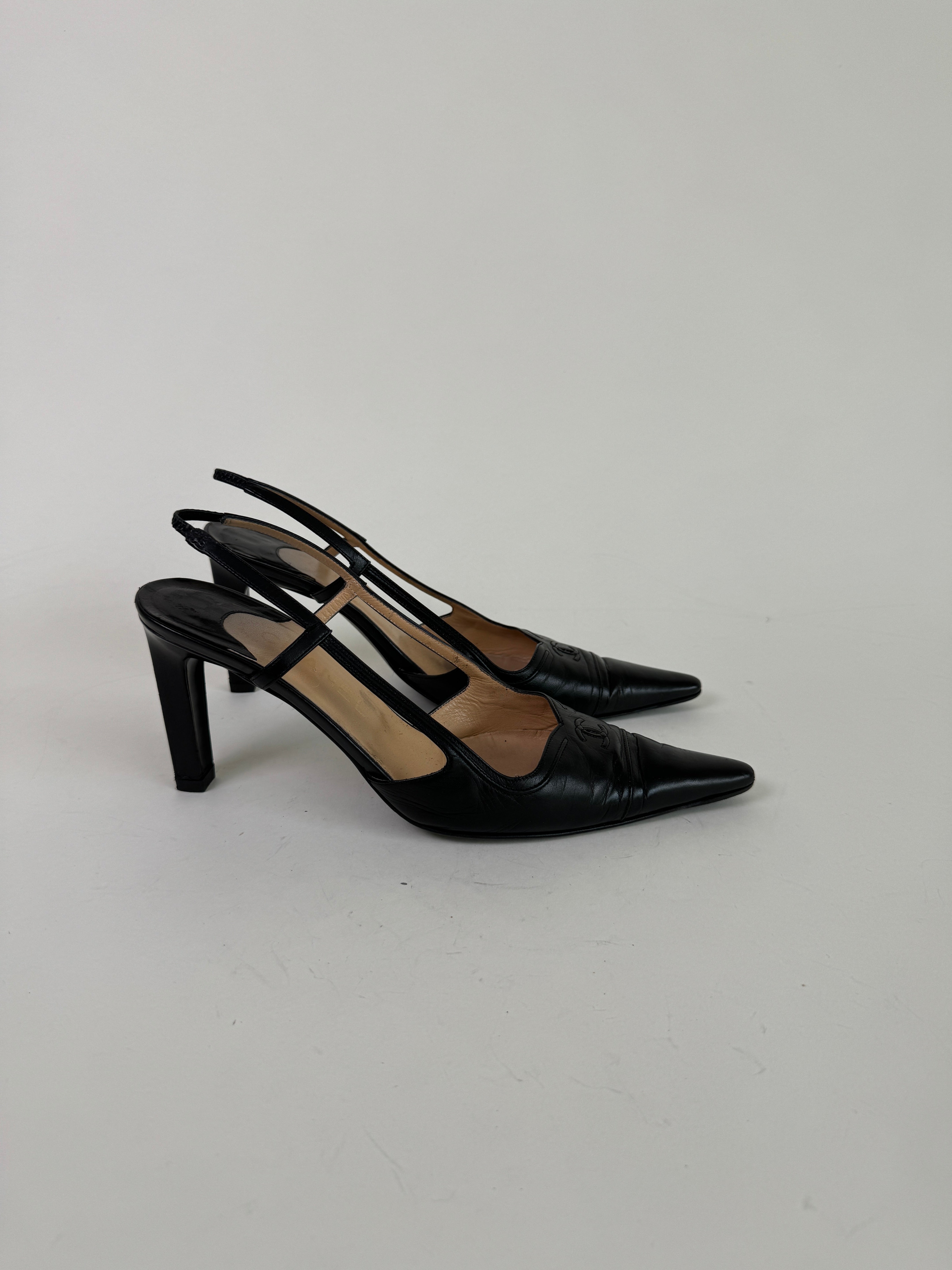 Vintage Chanel Black CC Slingbacks 40